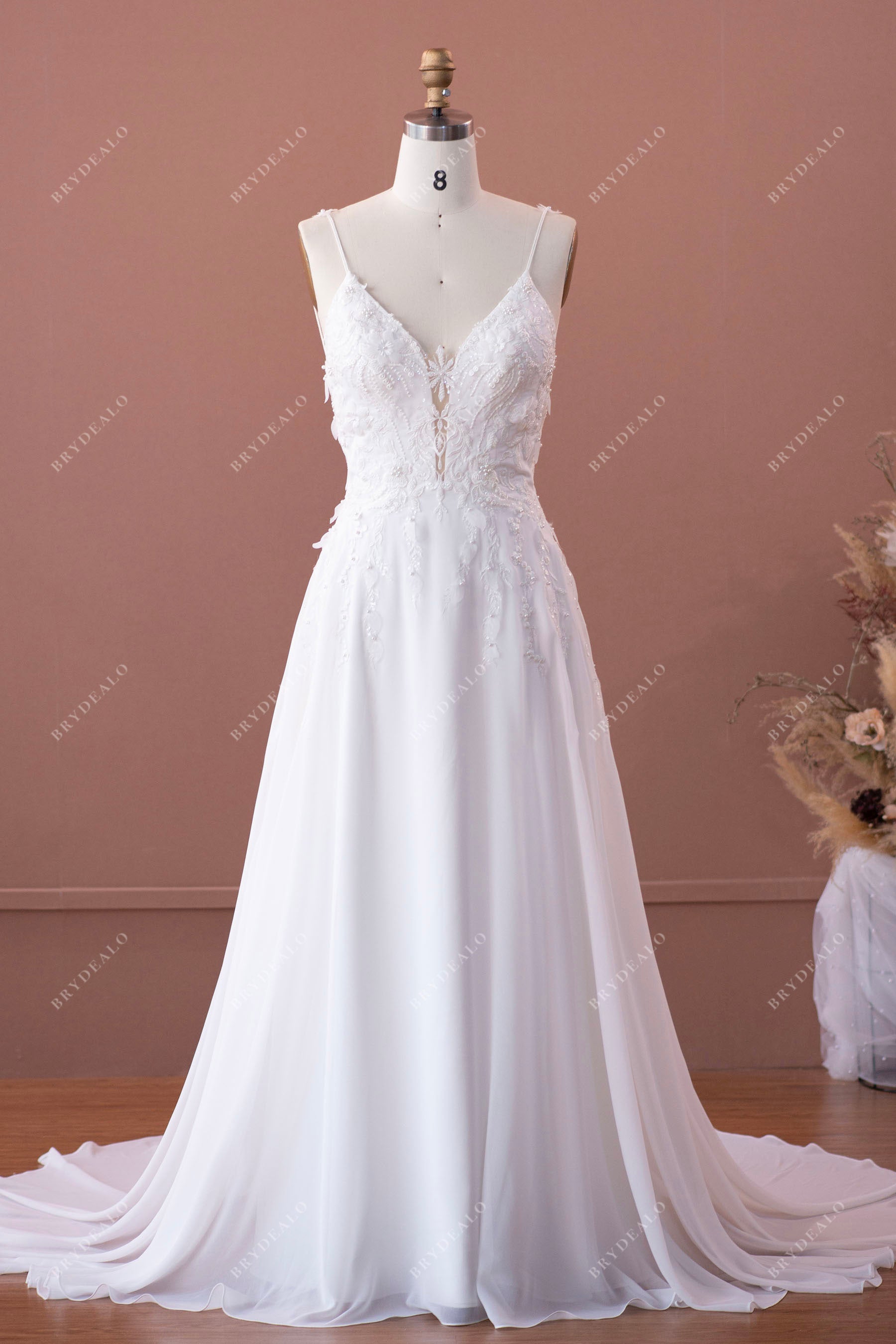 spaghetti straps lace chiffon A-line wedding dress