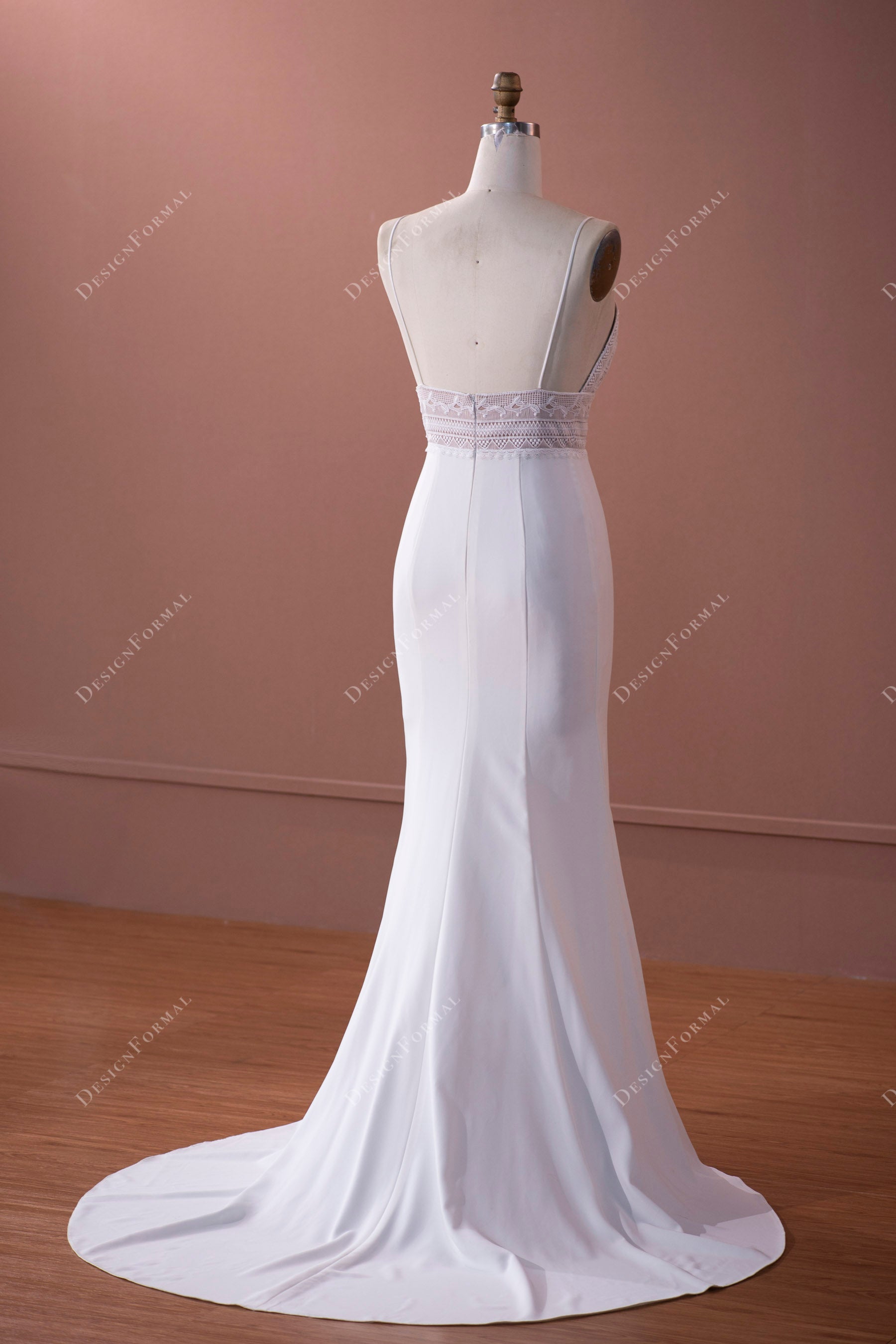 Boho Lace Open Back Crepe Mermaid Wedding Dress