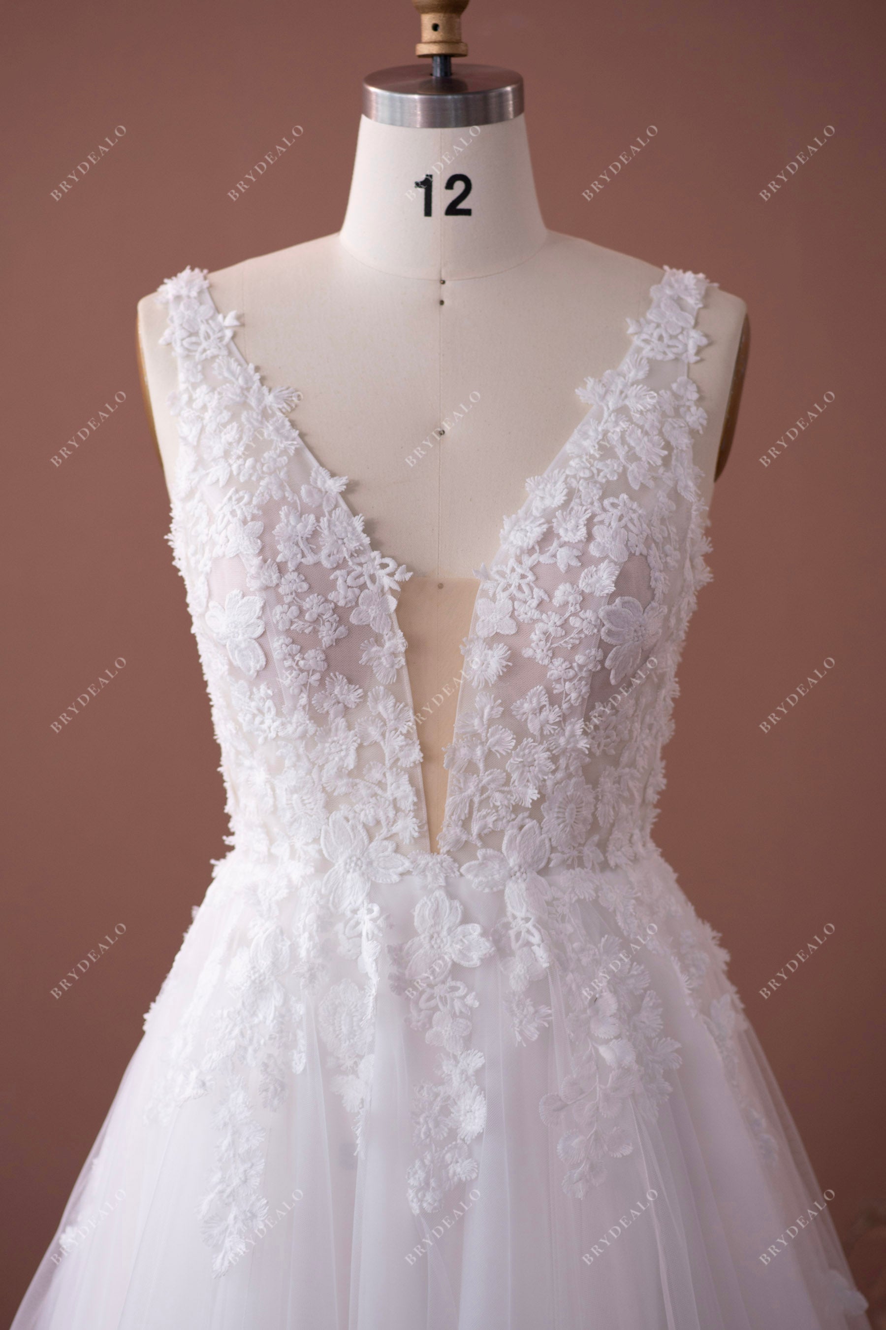 sheer straps sleeveless plunging neck designer lace wedding dress