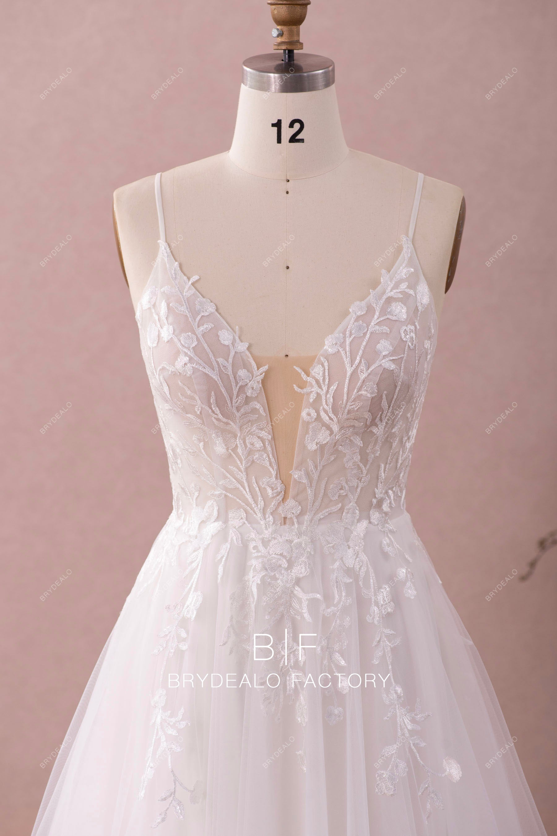 thin straps flower lace plunging wedding dress