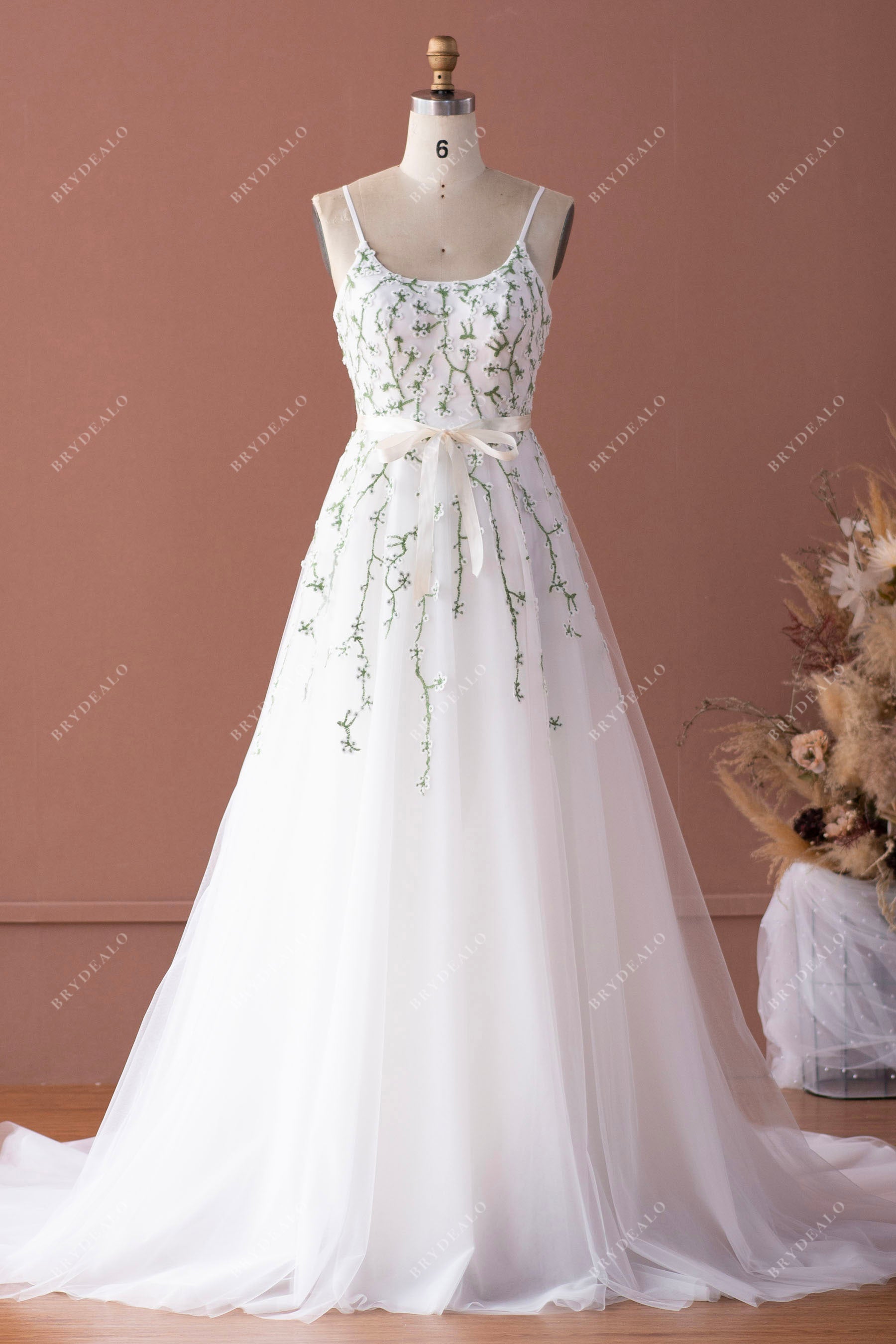 spaghetti straps scoop neck country bridal gown