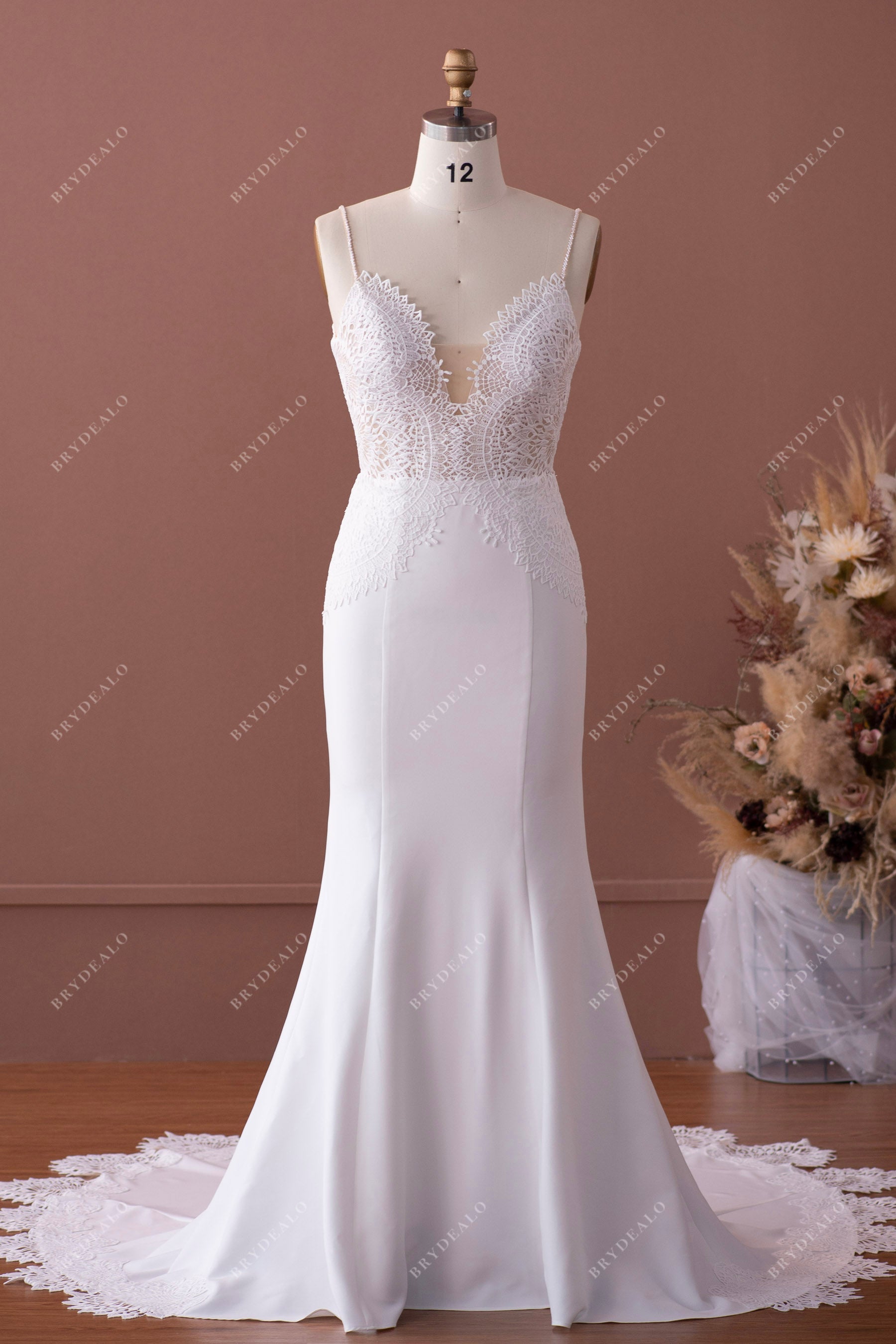 beaded straps lace crepe mermaid wedding gown