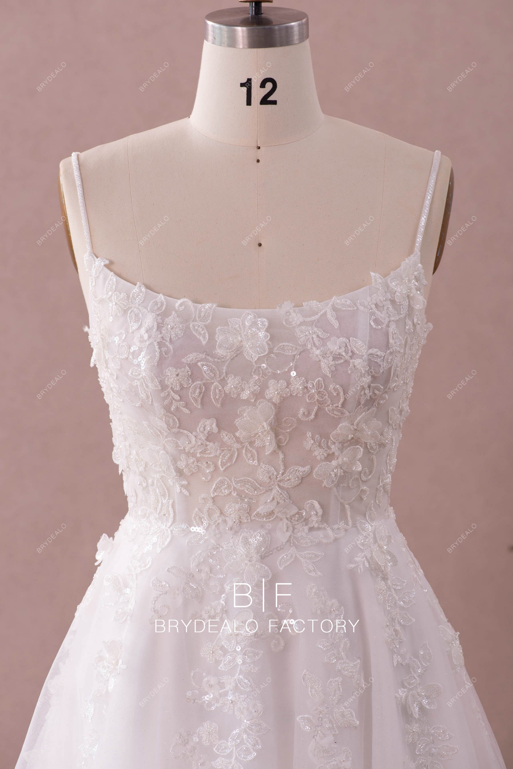 thin straps scoop neck designer flower lace wedding dress