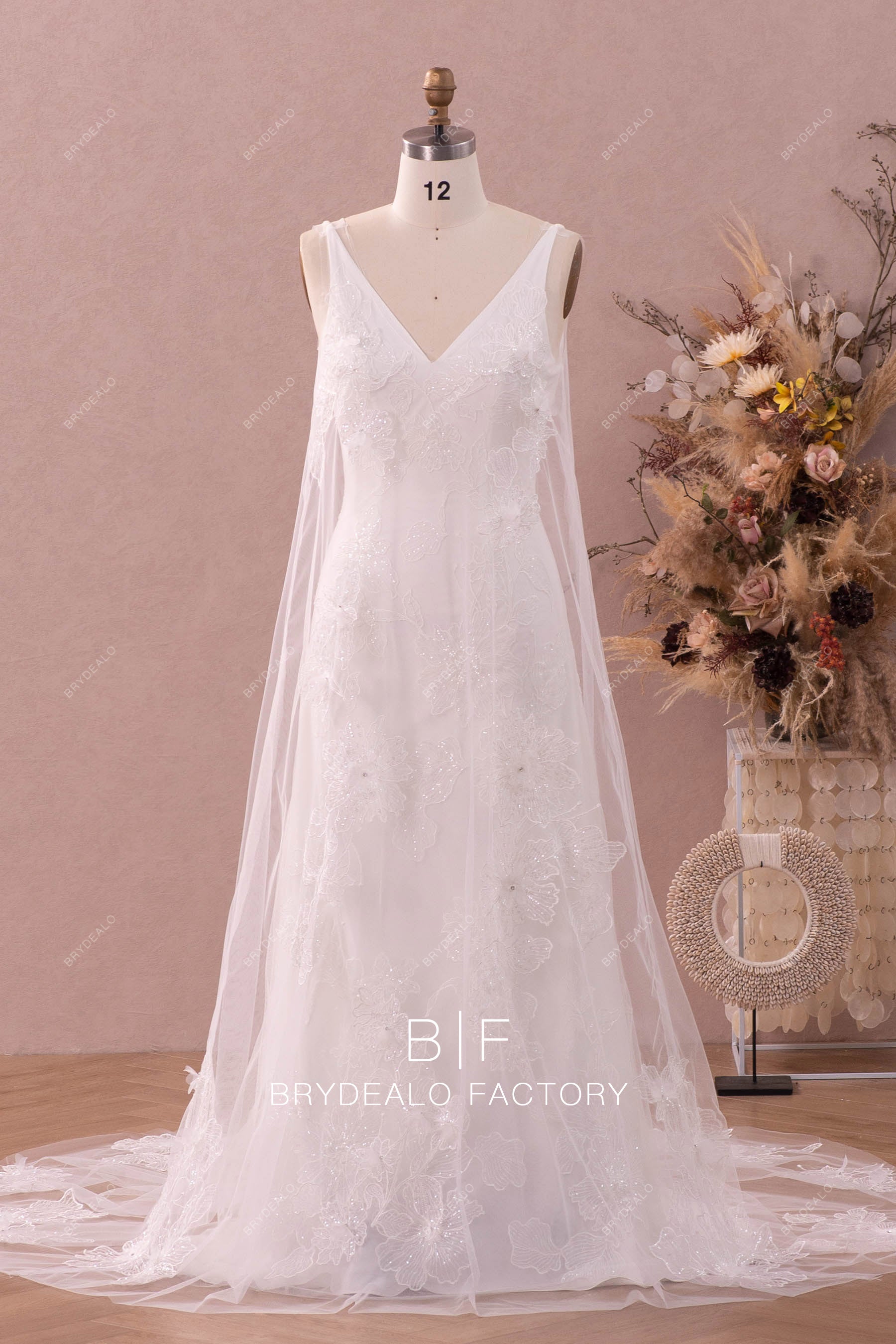 2-in-1 straps sheer robe v-neck lace wedding dress