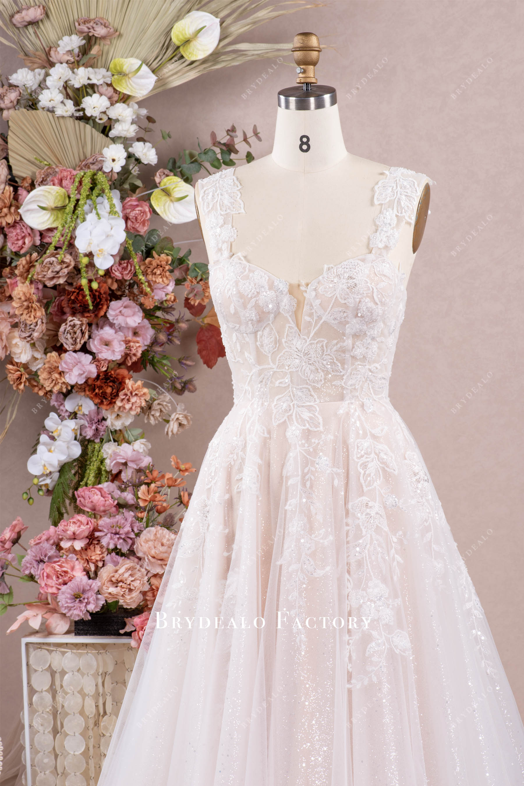 wide lace straps sweetheart wedding dress