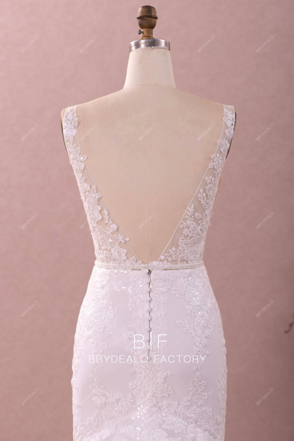 Plunging Neck Open Back Guipure Lace Overlay Dress