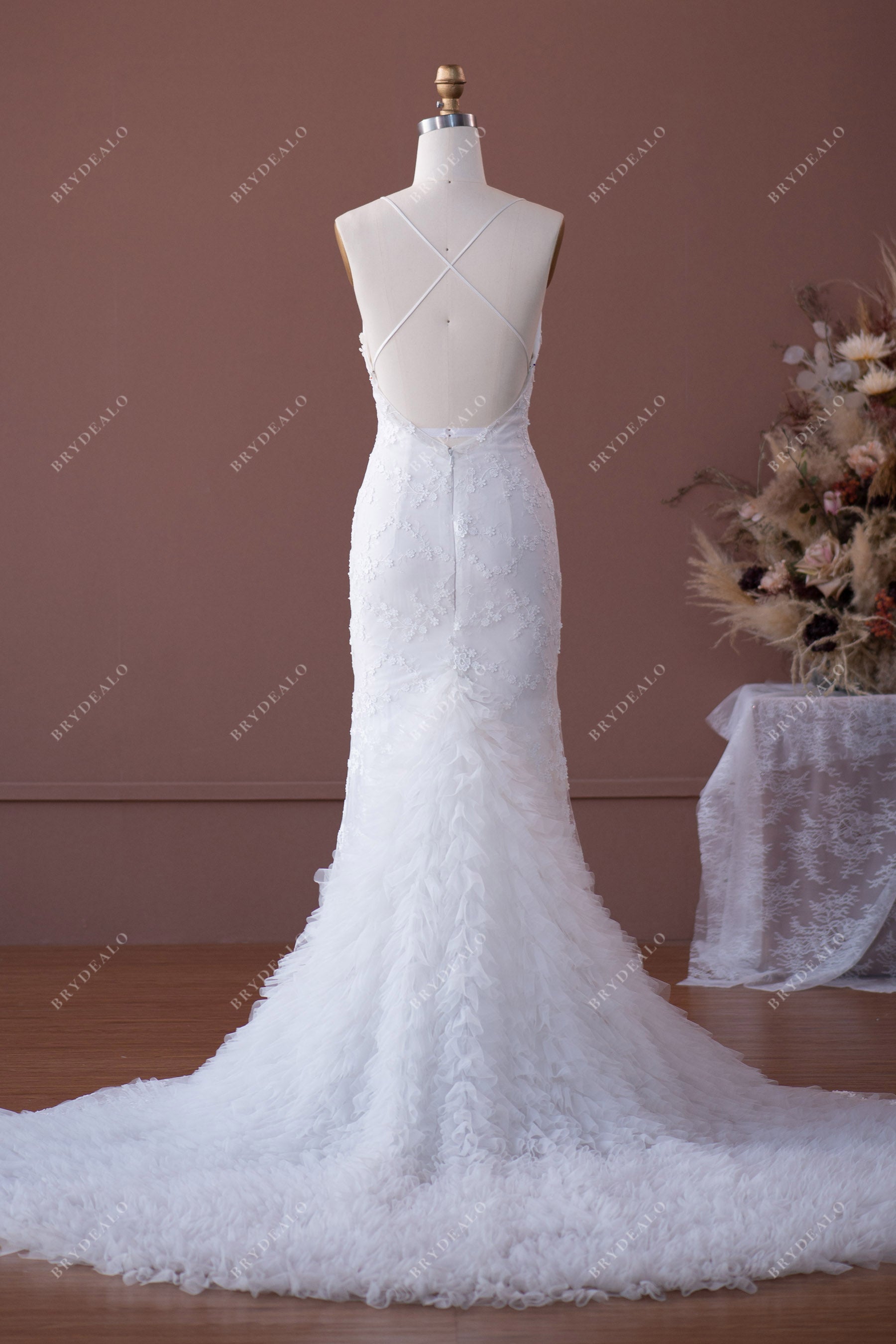 Thin Straps Crisscross Back Ruffled Long Train Designer Wedding Dress