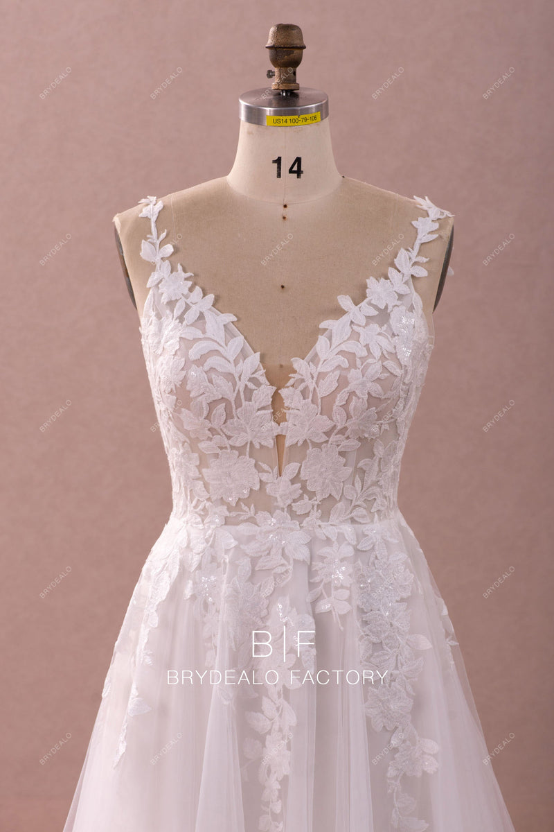 A Line Straps Long Wedding Dress with Lace Appliques, Gorgeous Bridal Gown with Slit UQW0054
