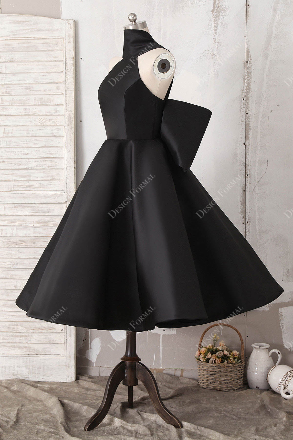 Black Satin Tea Length Dress