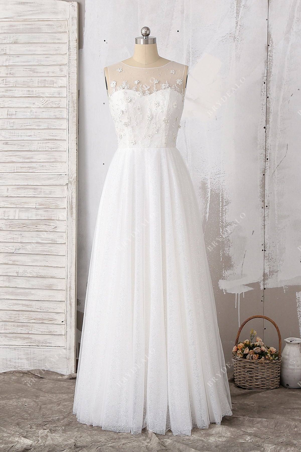 Fairytale beaded floral glitter illusion neck wedding dress