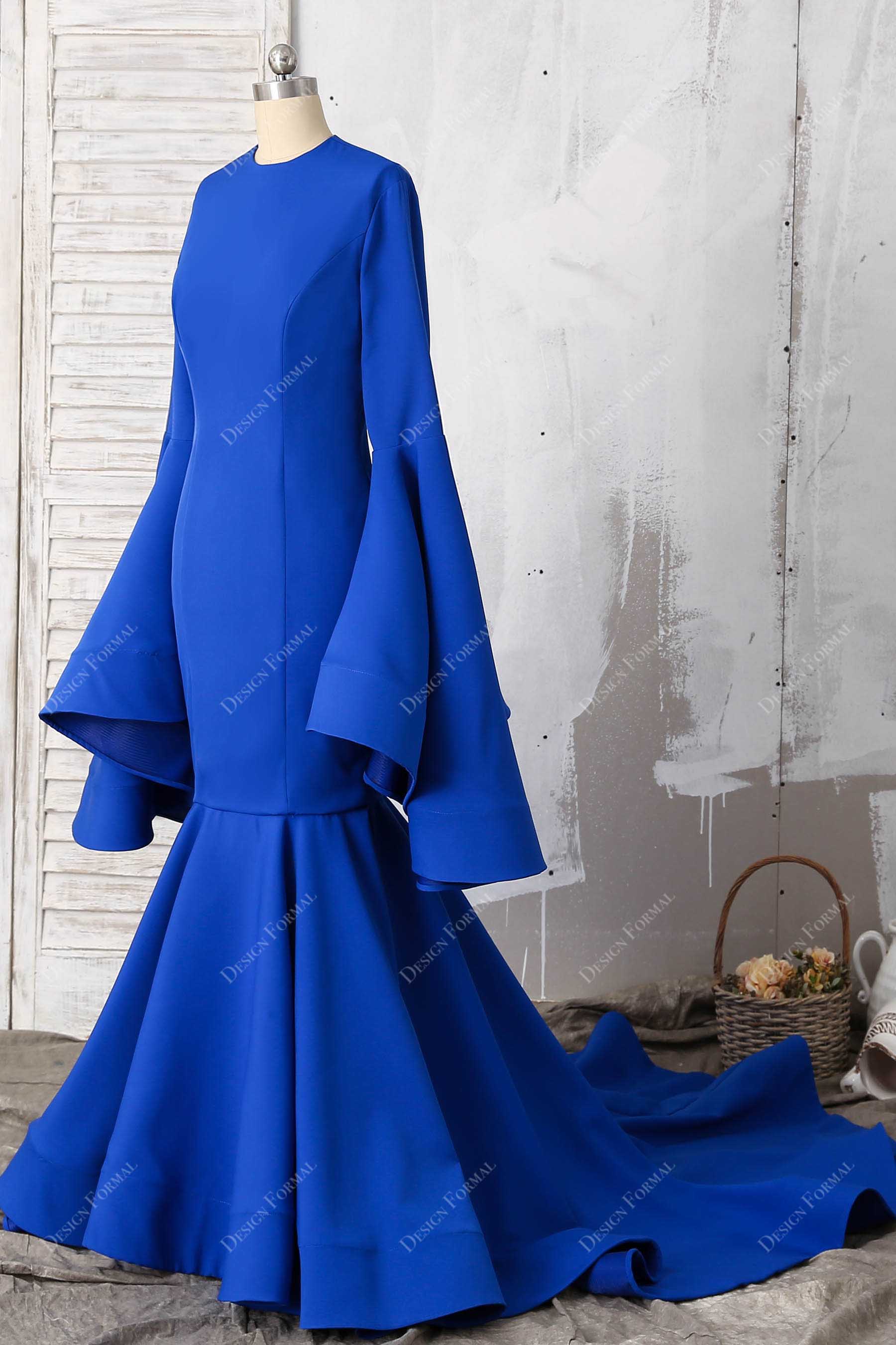 super long bell sleeves blue matte prom dress