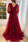 A-Line Tulle V-Neck Blush Embroidered Midi Floral Dress
