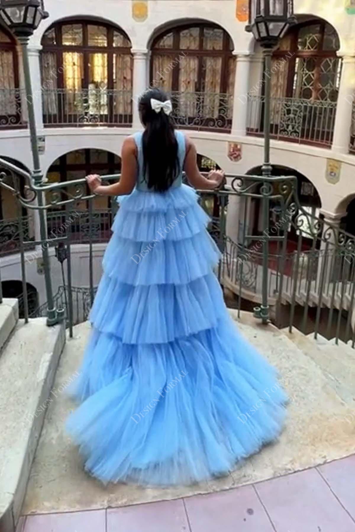 sweep train tiered tulle prom dress