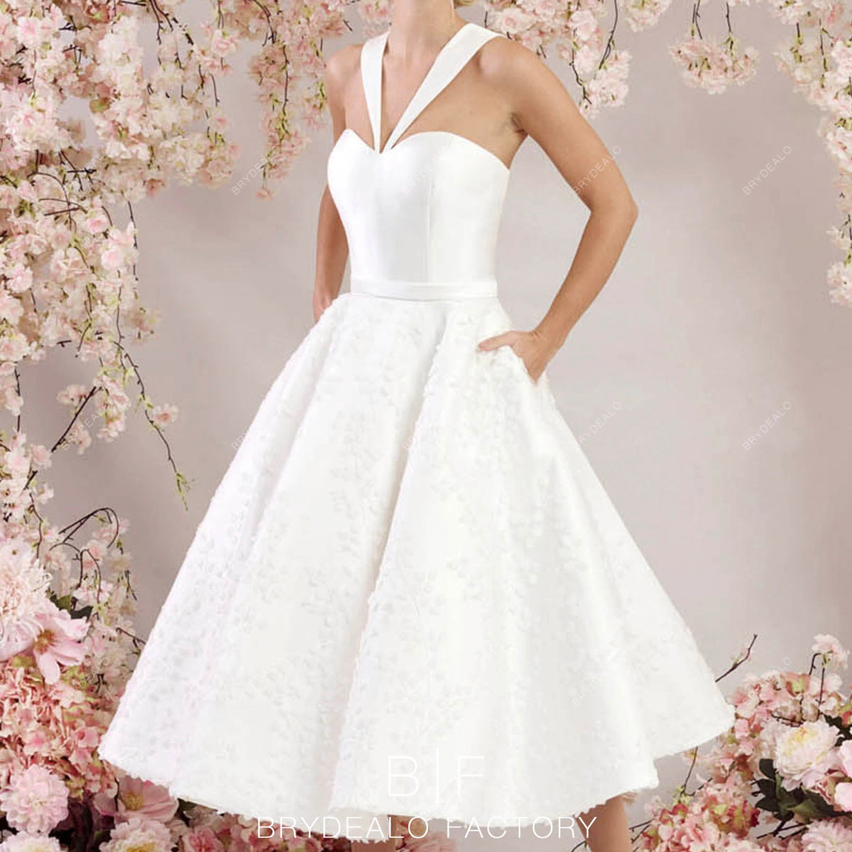 Halter Neck Refined Mikado Lace Tea Length Bridal Dress with Pocket