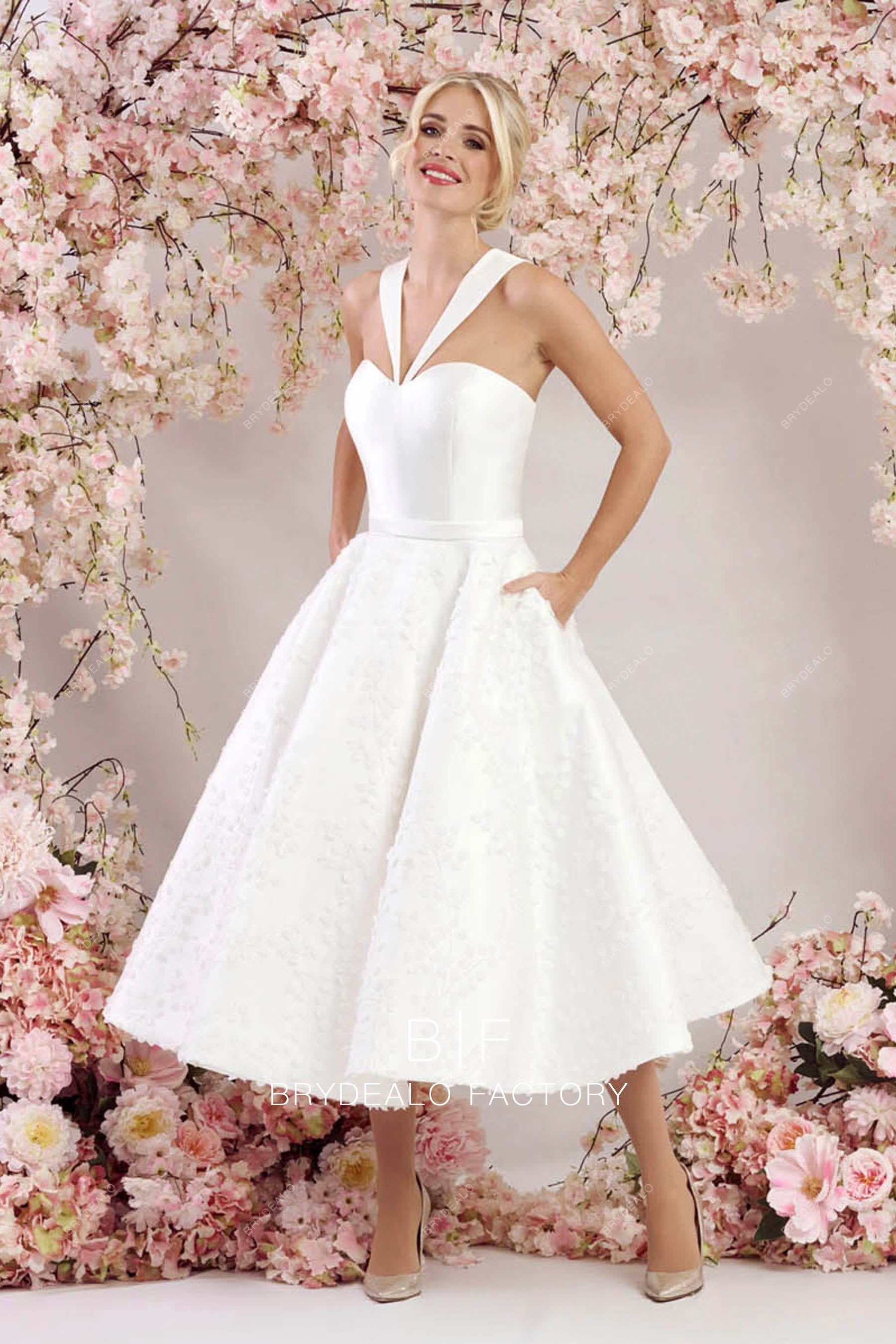 Mikado Satin Lace Tea Length Bridal Dress with Pocket