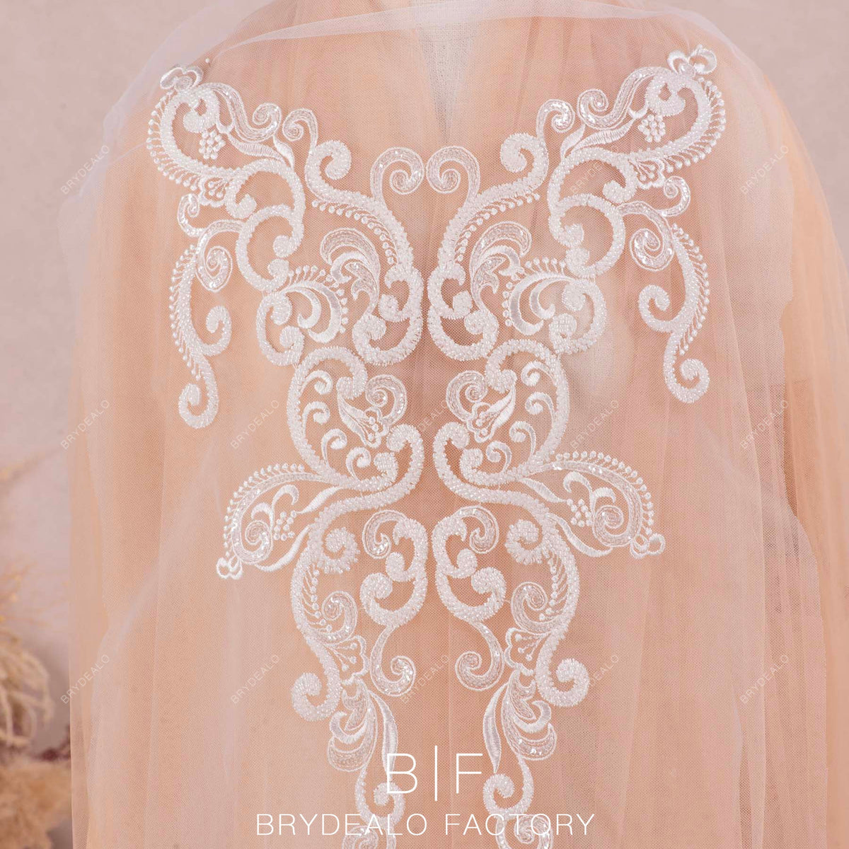 Stunning Symmetric Beaded Totem Embroidered Lace Applique