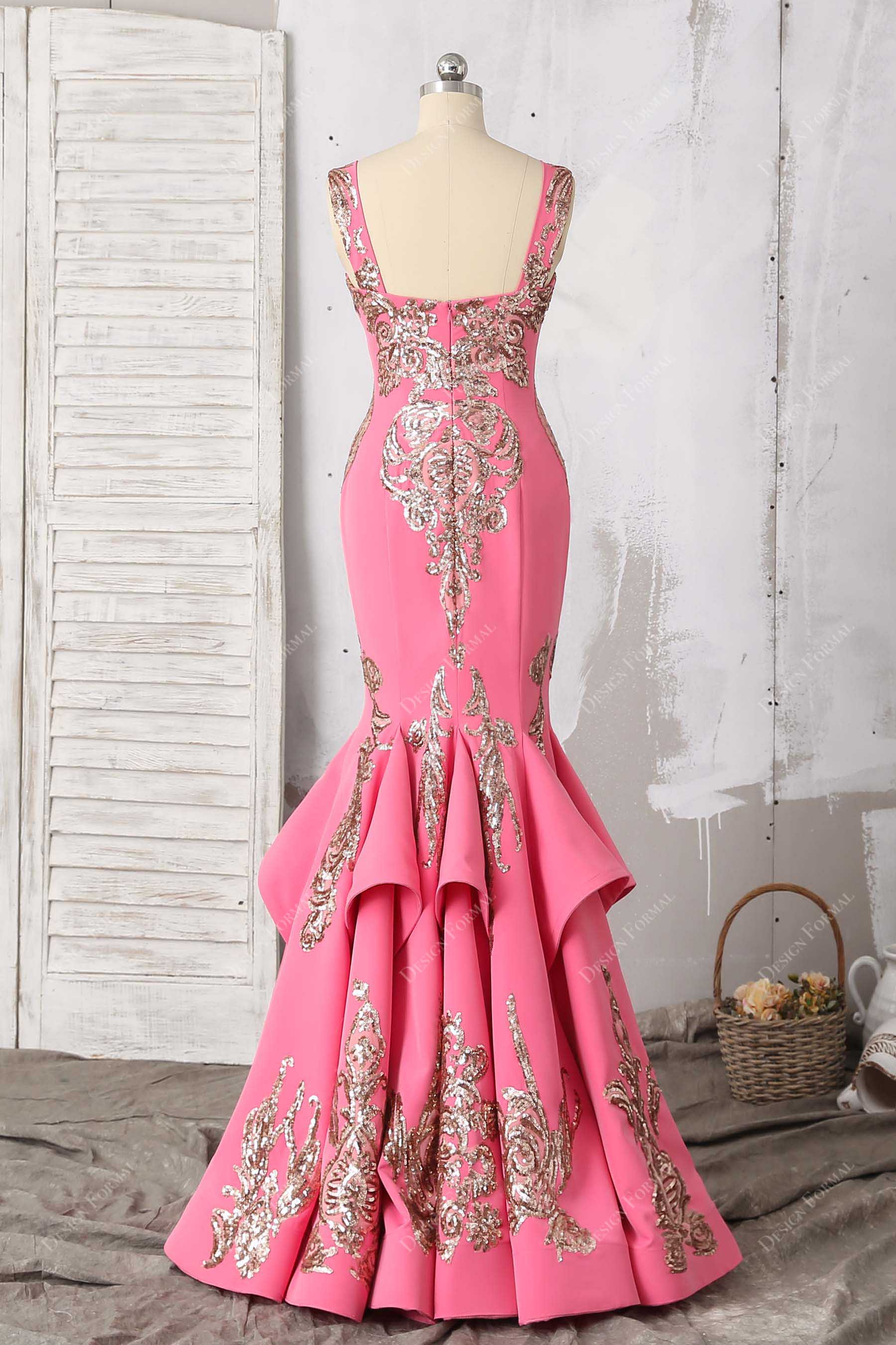 tank bodice pink ruffled floor length prom gown