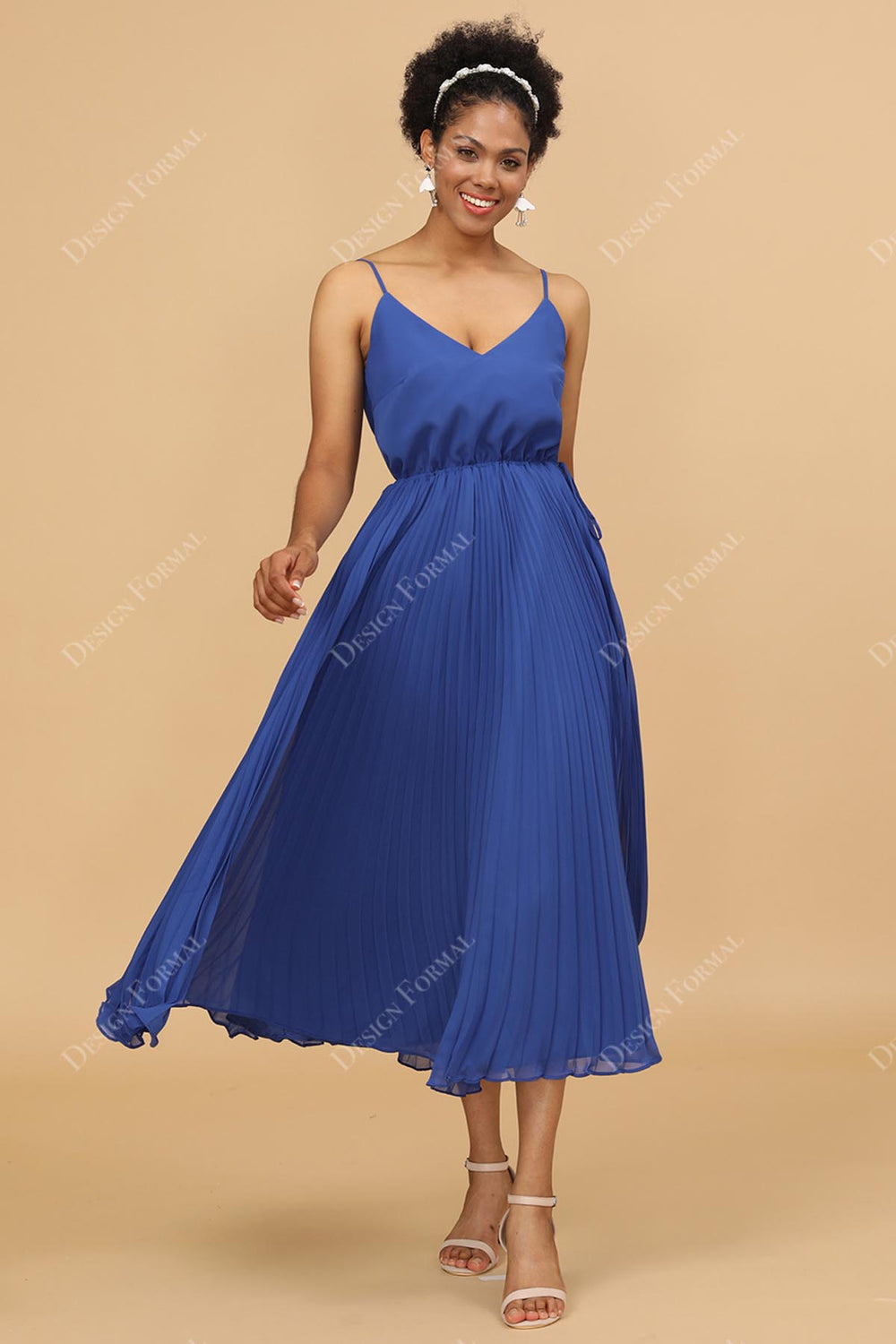 Pleat A-line Chiffon Tea Length Blue Custom Bridesmaid Homecoming Dress