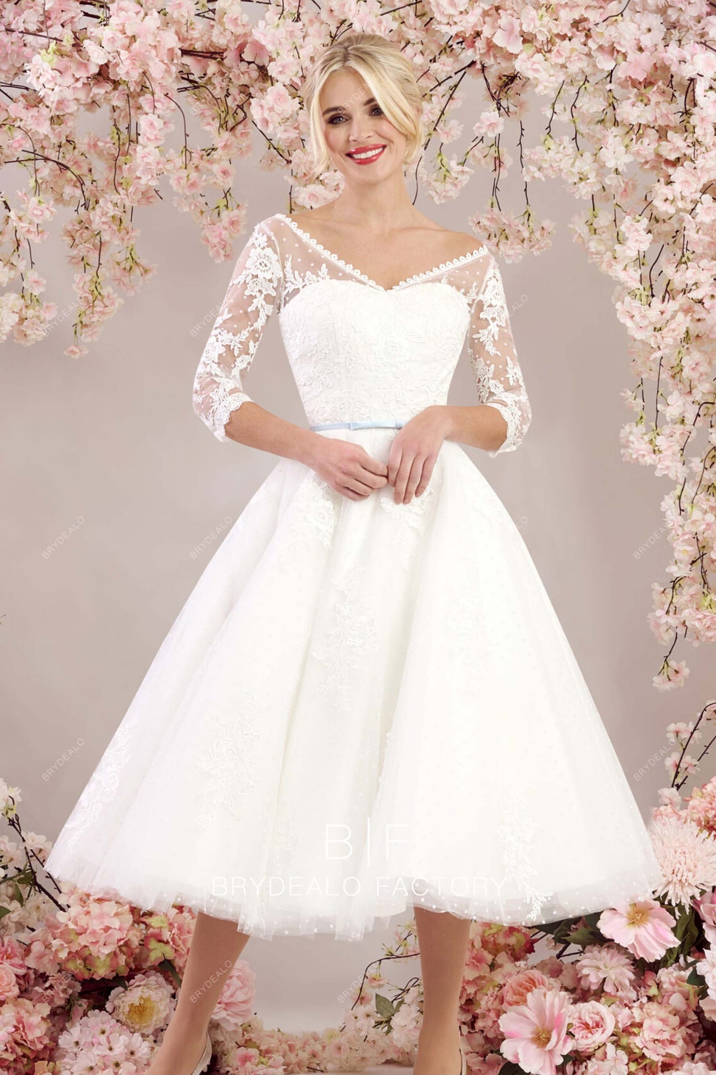 Lace 3/4 Sleeves Chiffon Tea-Length Dress Sunset