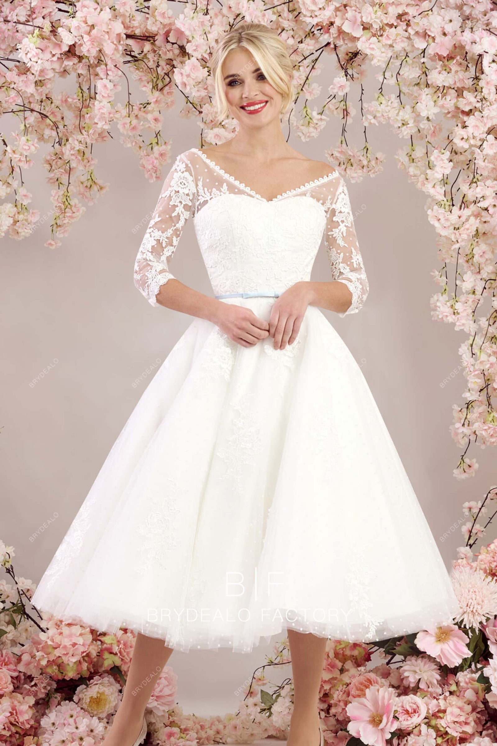 Short Dot Tulle 3/4 Sleeves Tea Length Victoria Puffy Wedding Gown