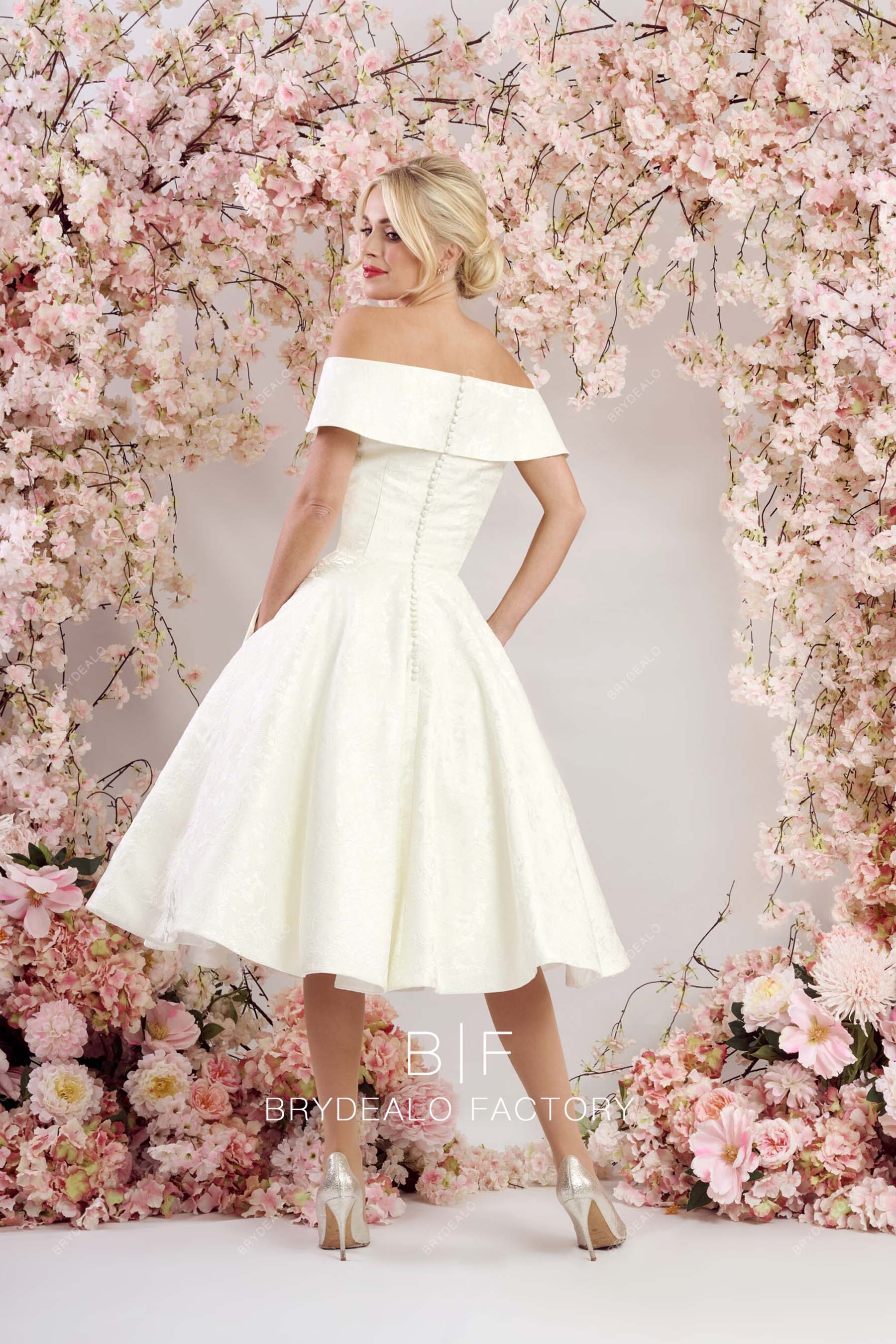 custom tea length off shoulder pockets bridal dress
