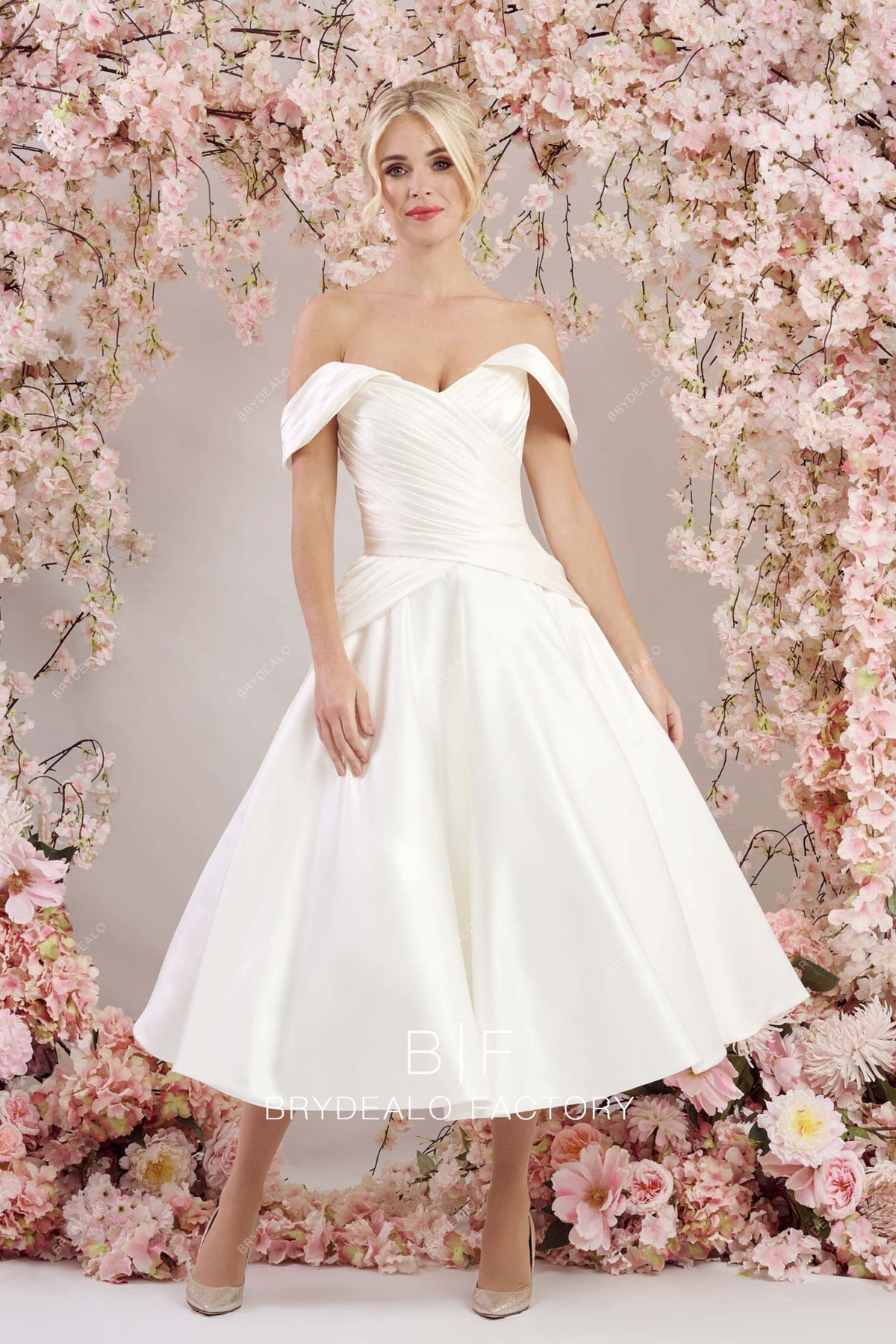 Mermaid Off Shoulder Tea Length Satin White Party Dress