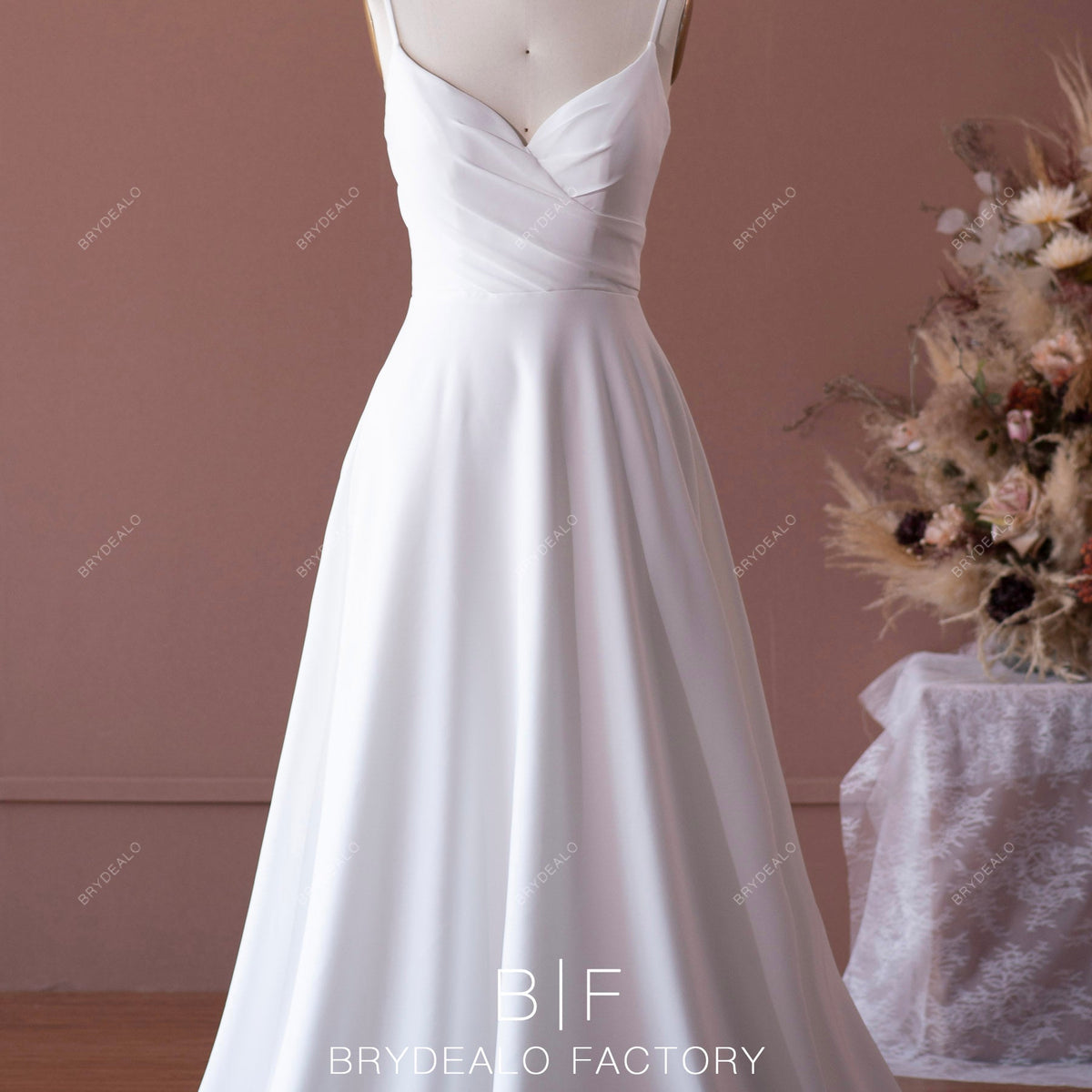 Pleated Crepe Simple Thin Straps A-line Long Train Wedding Dress