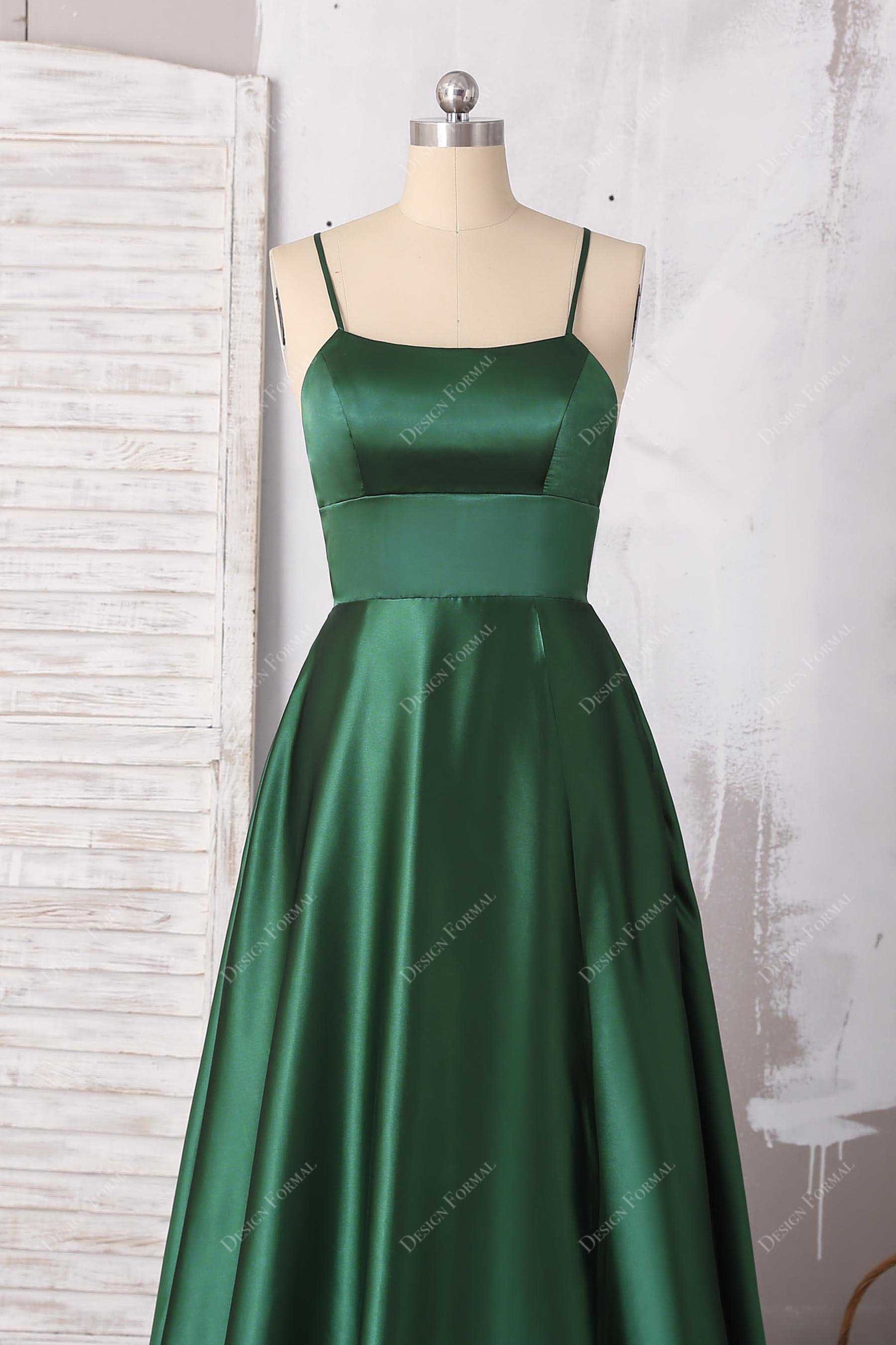 19473 Emerald Green Off-Shoulder Draped Slit Satin Dress
