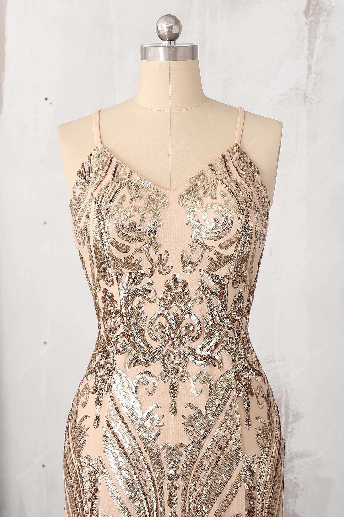 Pretty Mermaid Square Neckline Gold Sequin Long Evening Dress Prom Dresses