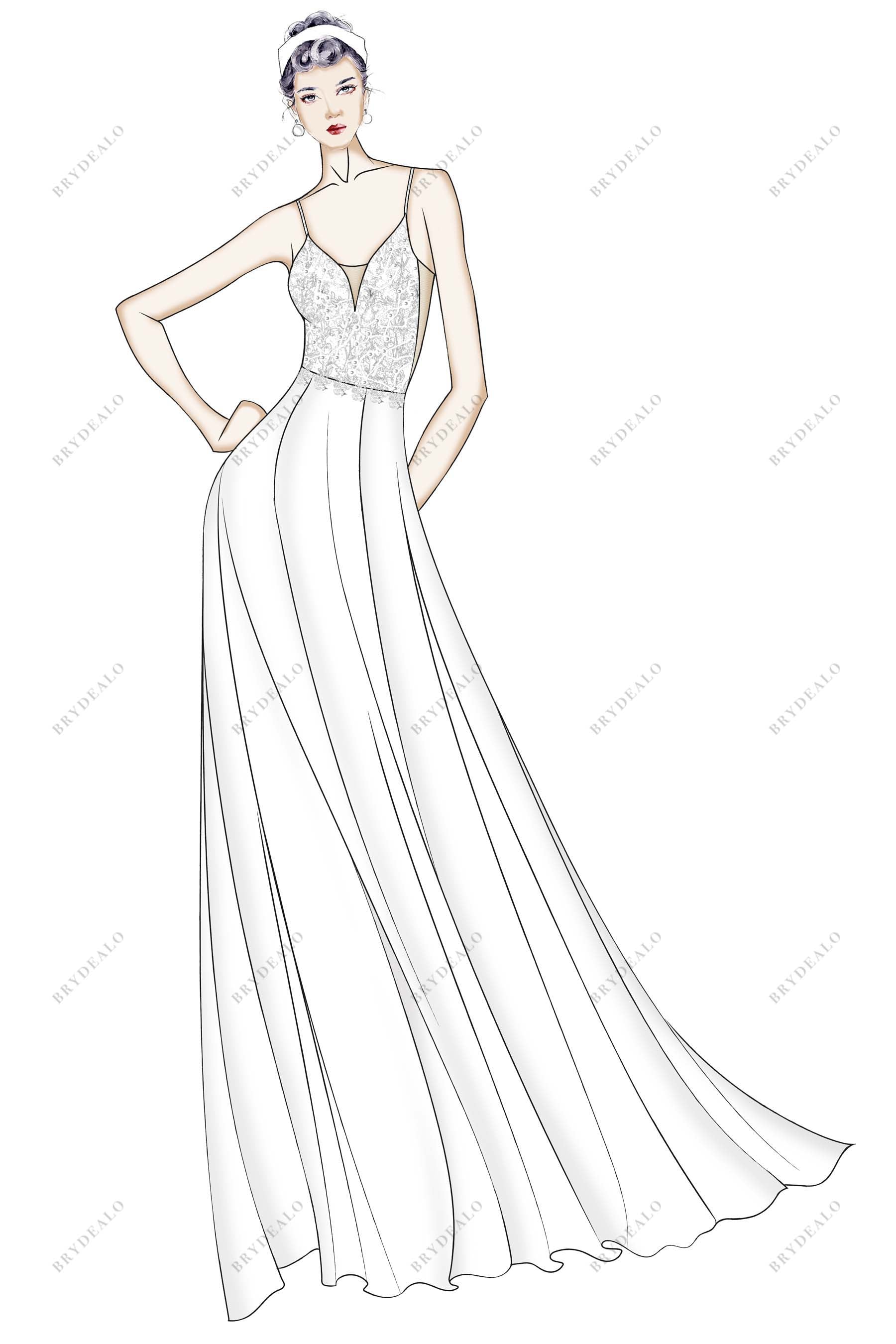 Thin Straps Lace Chiffon A-line Custom Bridal Dress Sketch