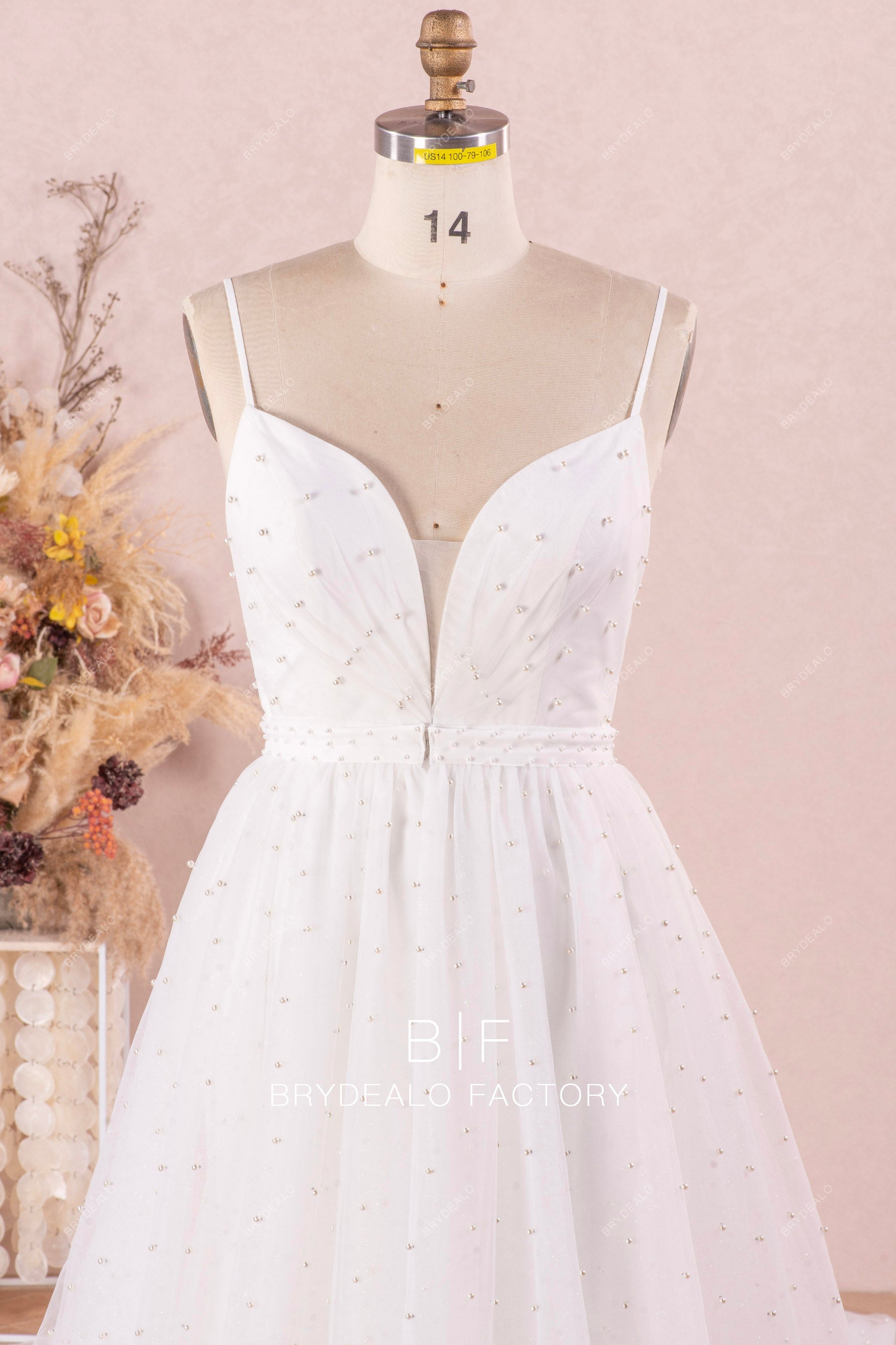 thin straps plunging neck sleeveless pearl wedding dress