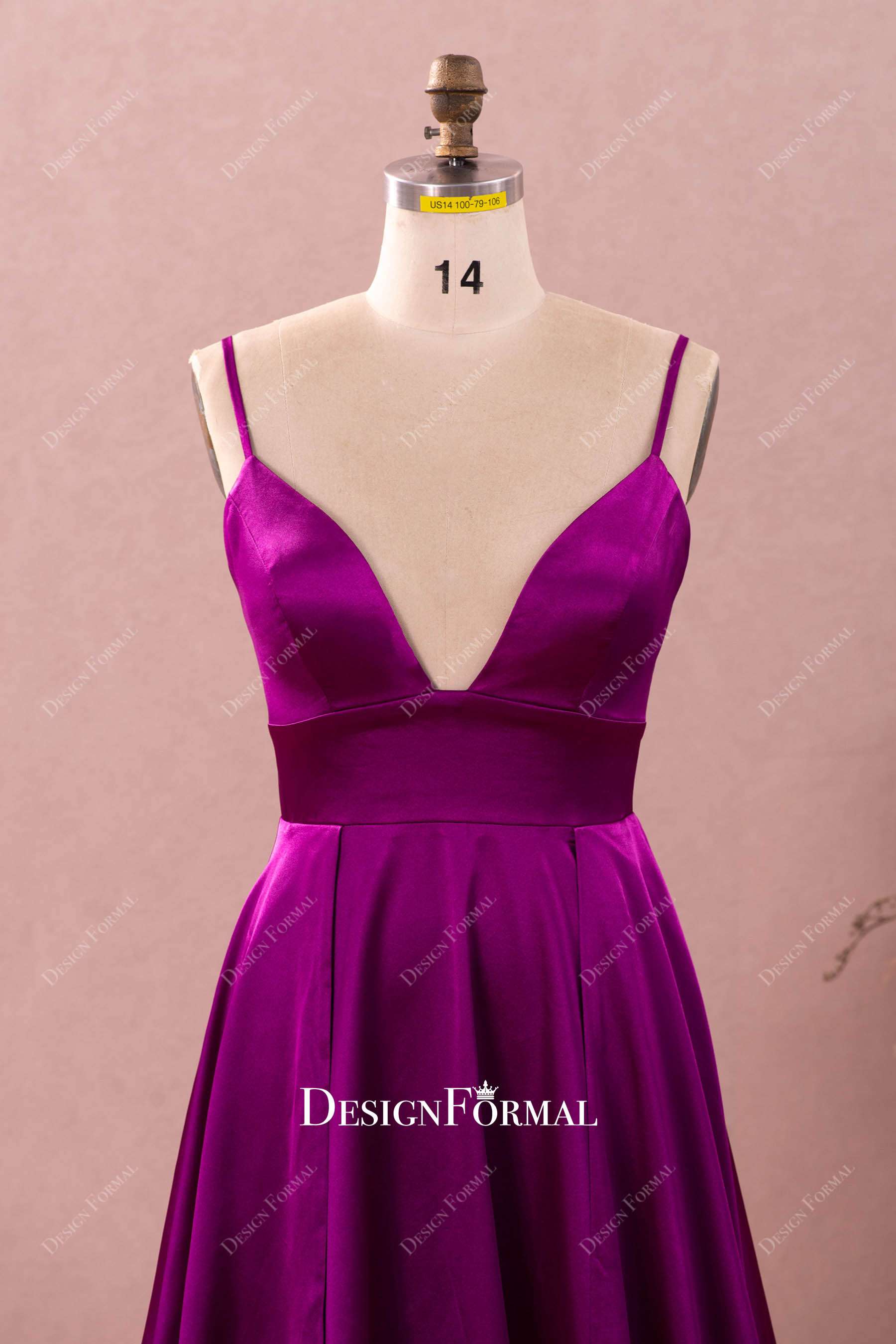 thin straps plunging satin prom dress