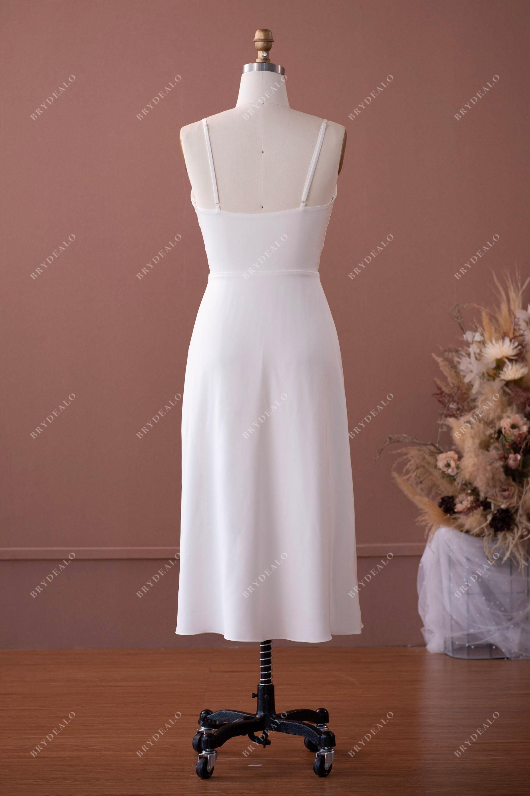 spaghetti straps  tea length simple wedding dress