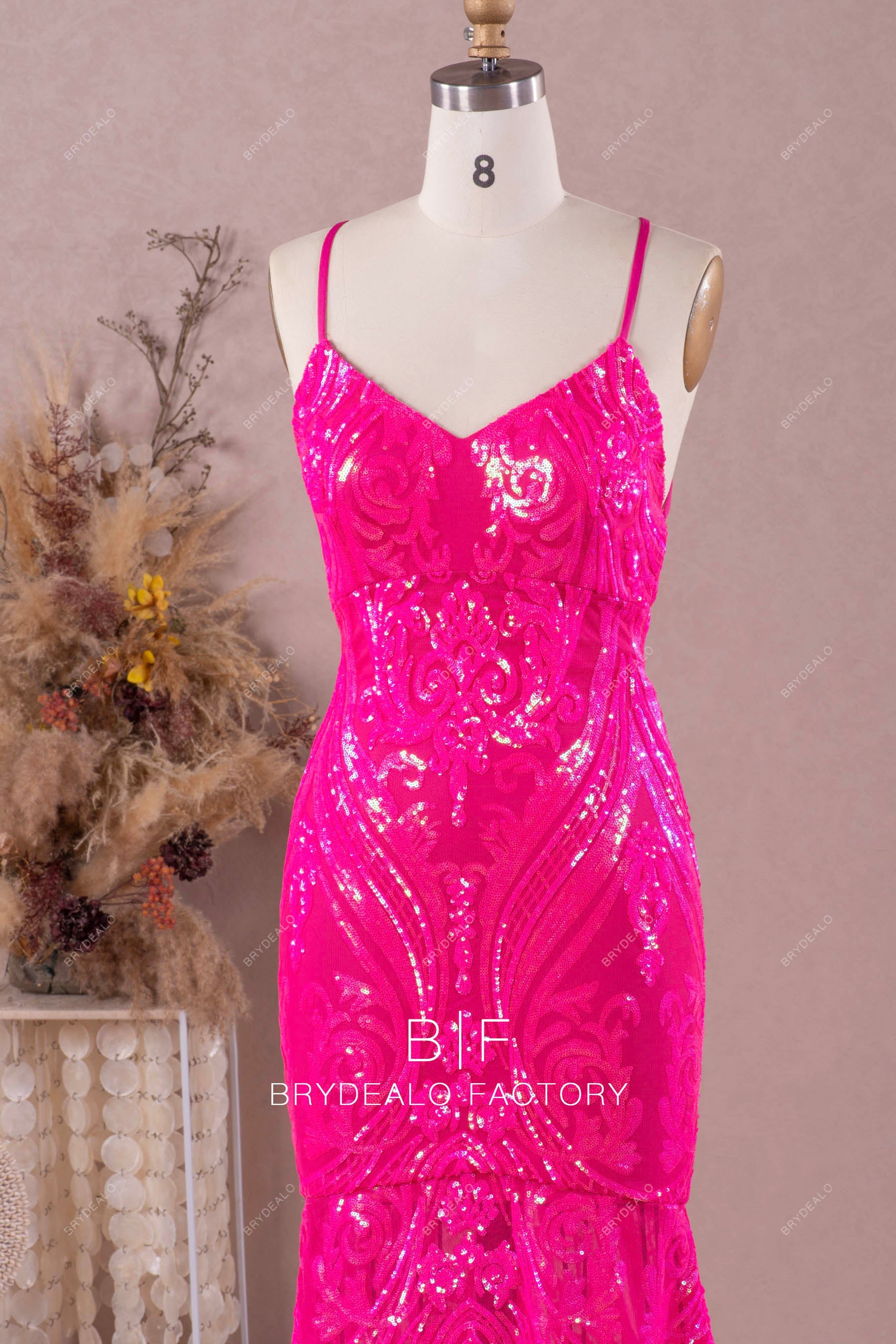 sleeveless sparkly hot pink sequin sweetheart prom dress