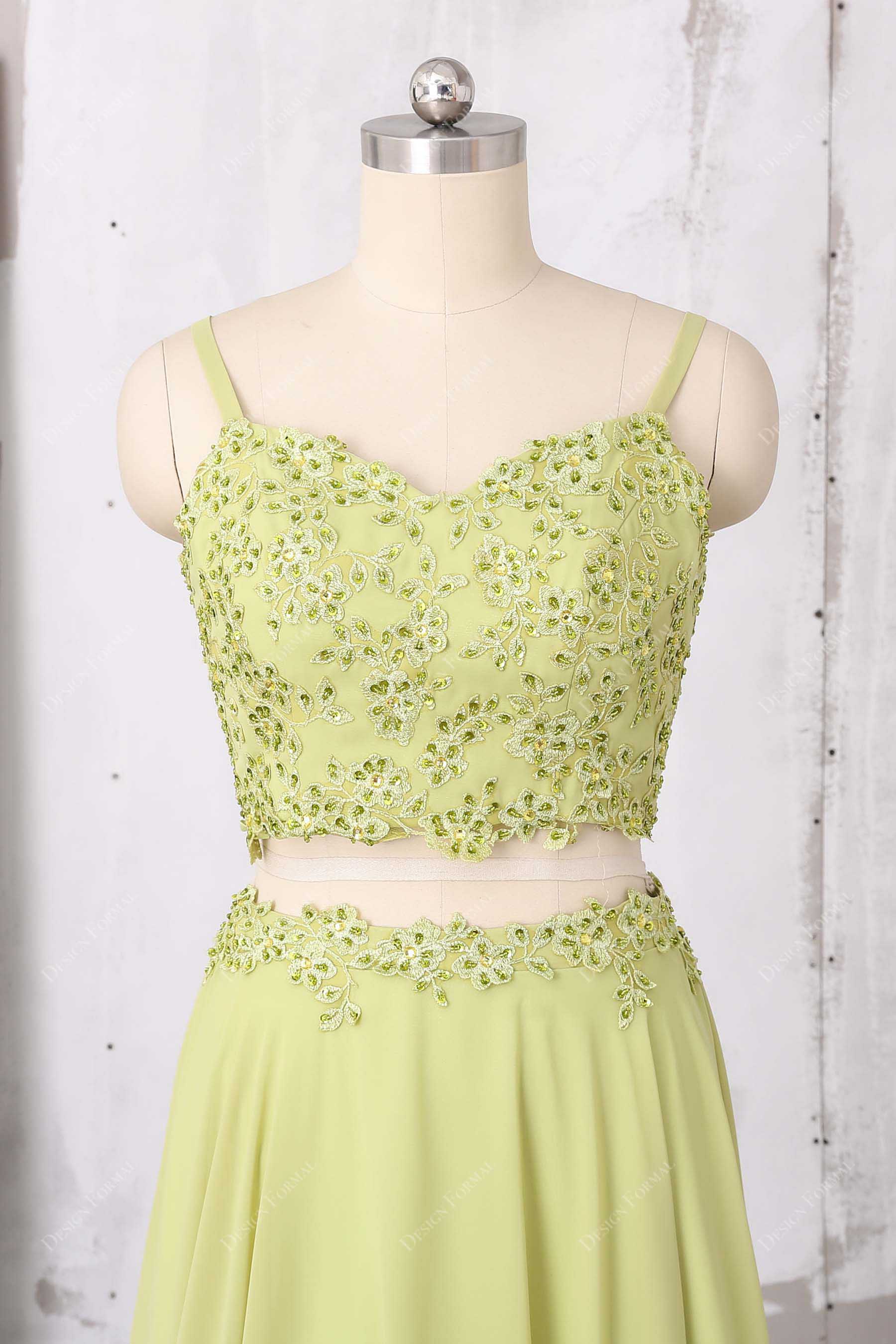 thin straps two-piece lime green prom dress 