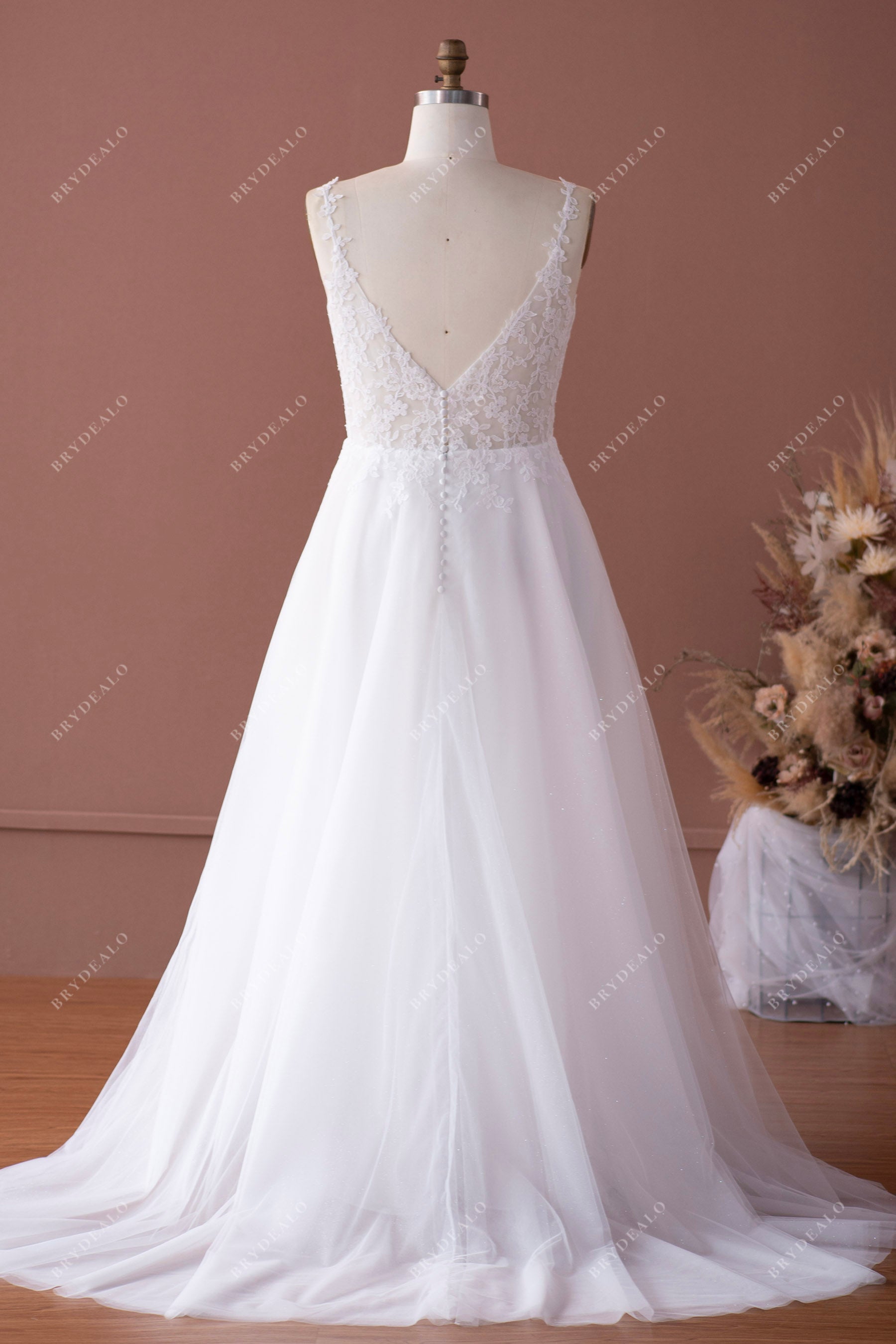 thin straps v-back lace large size wedding dress