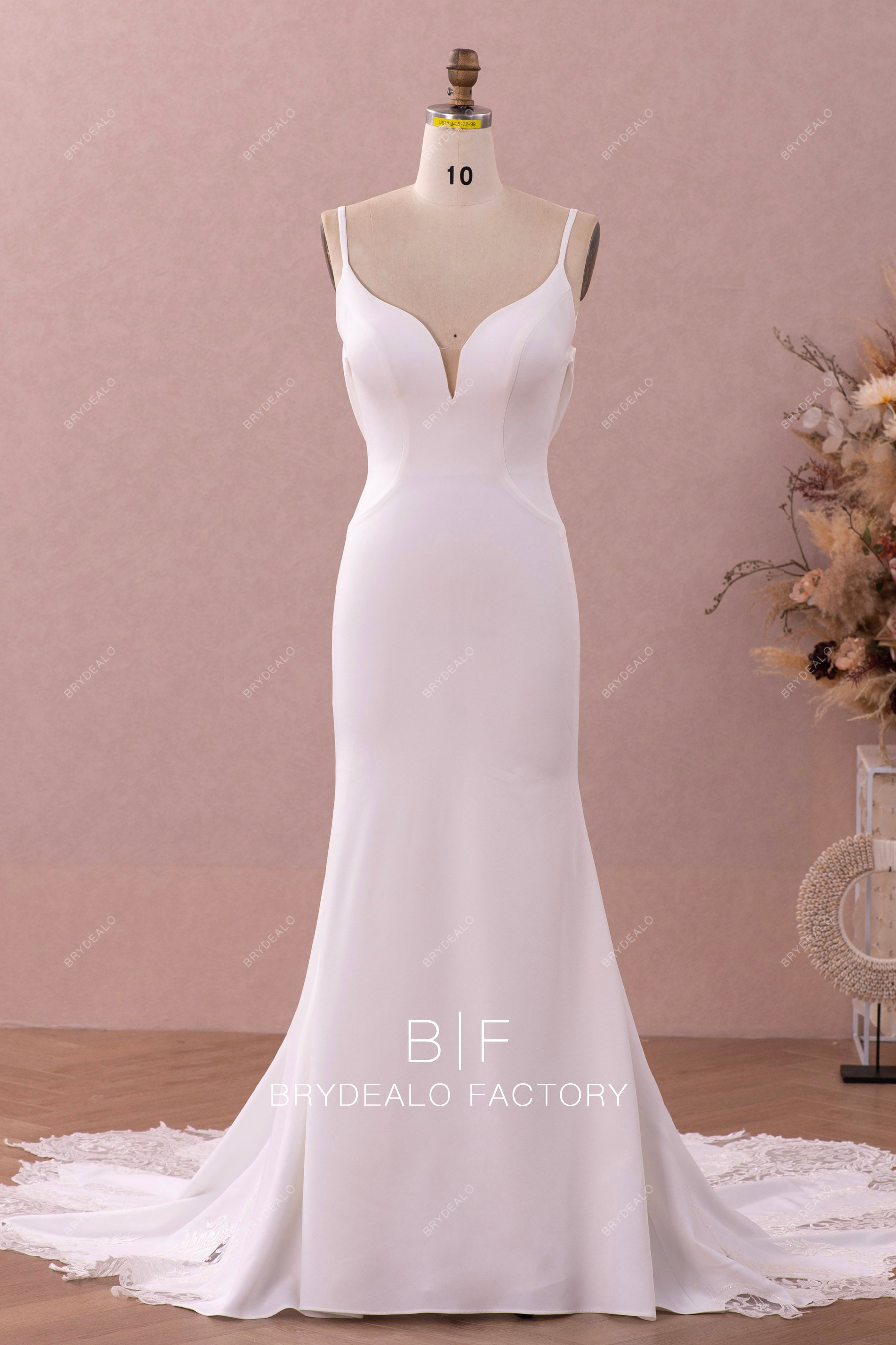 thin straps v-neck crepe mermaid elegant wedding dress