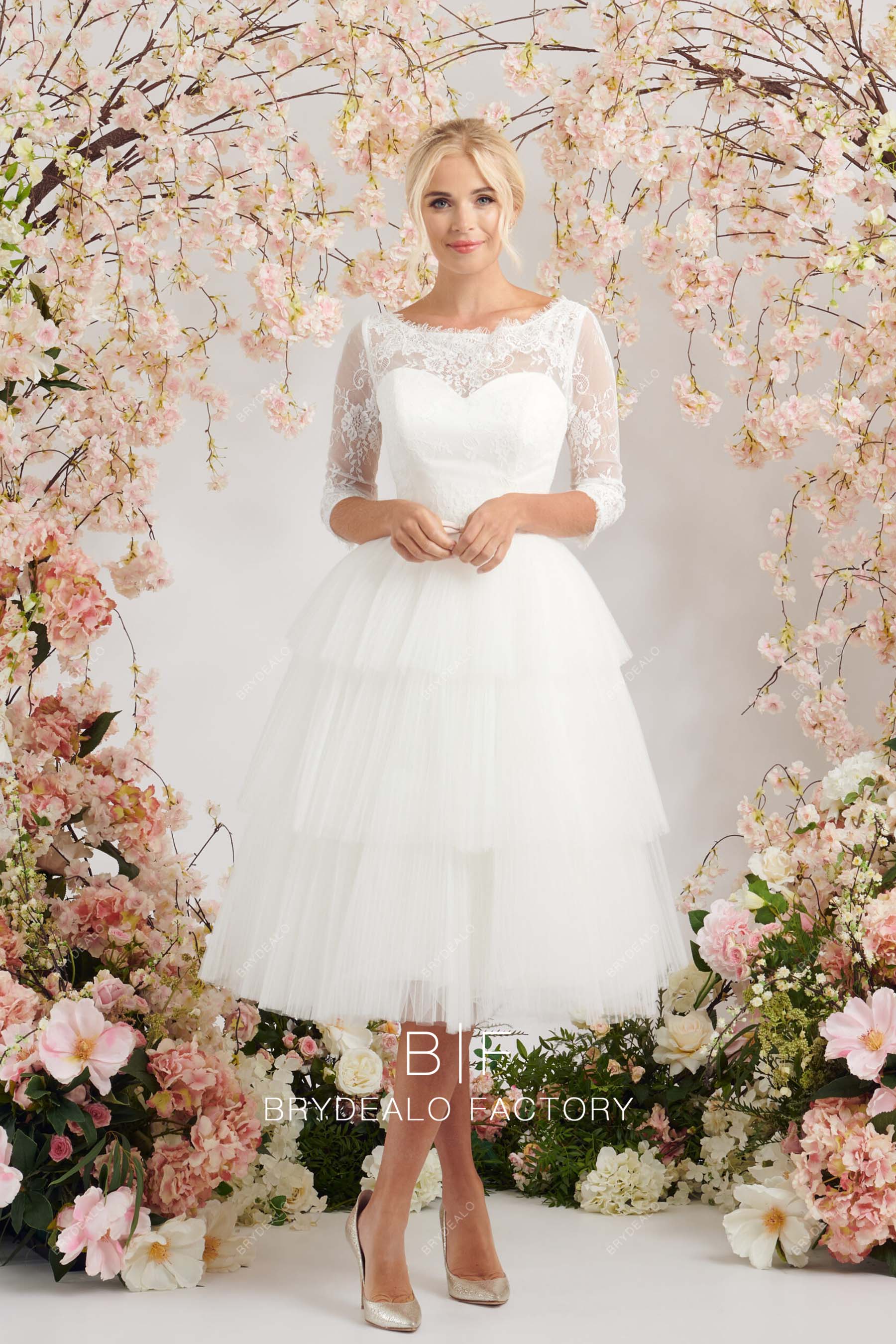 princess tiered pleated tulle A-line bridal dress