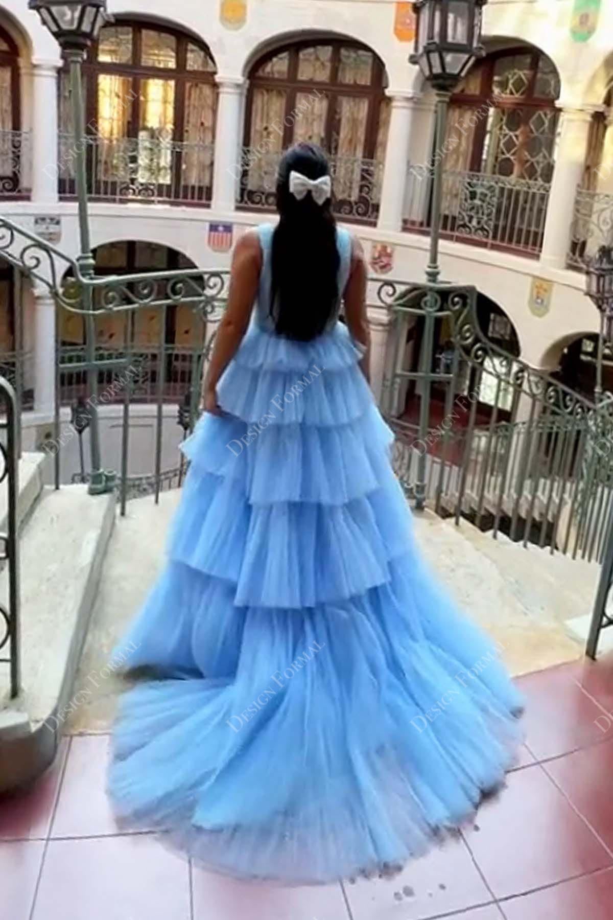 tiered tulle ball gown blue prom dress
