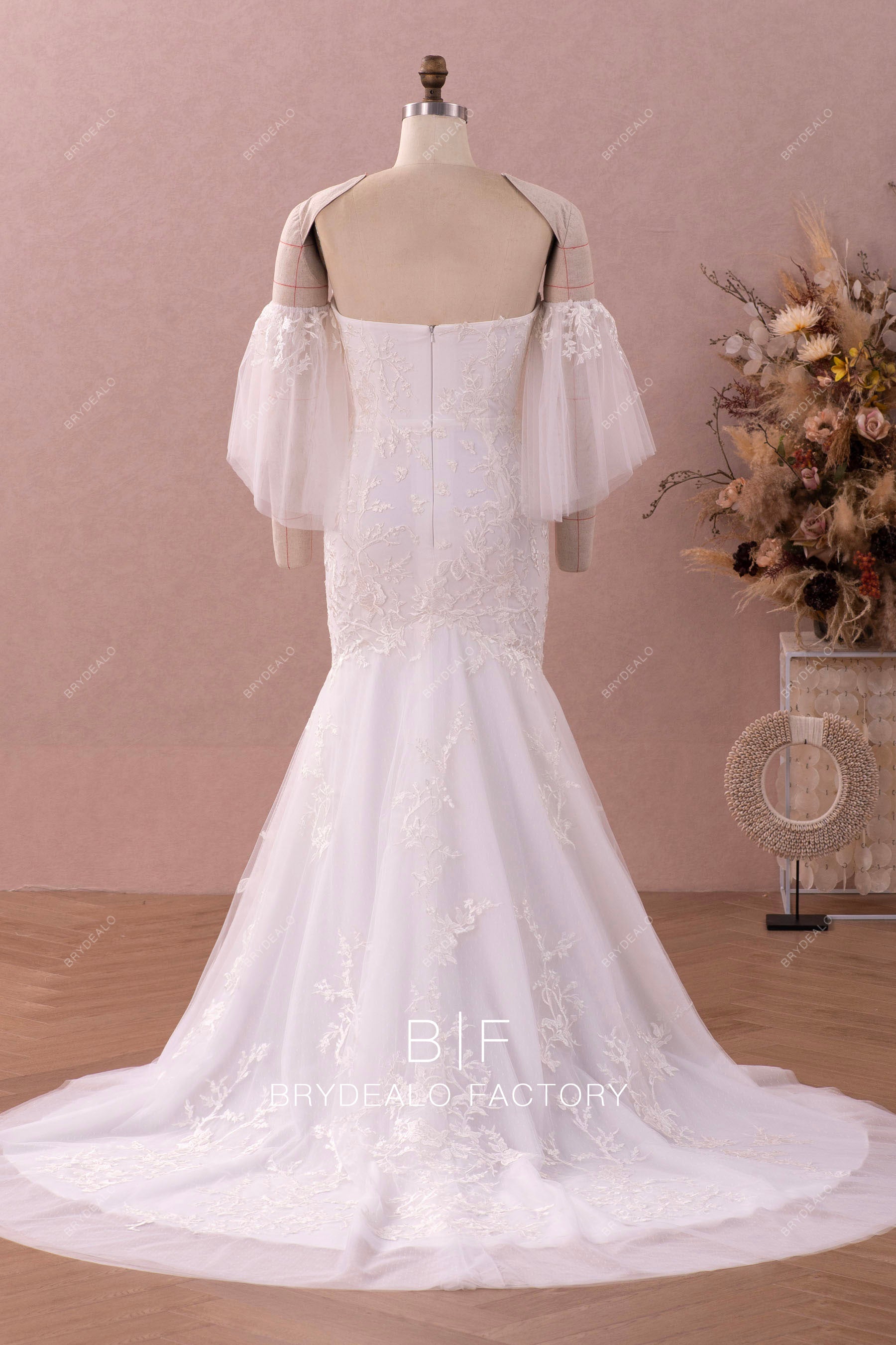 flutter tulle sleeves trumpet wedding dress