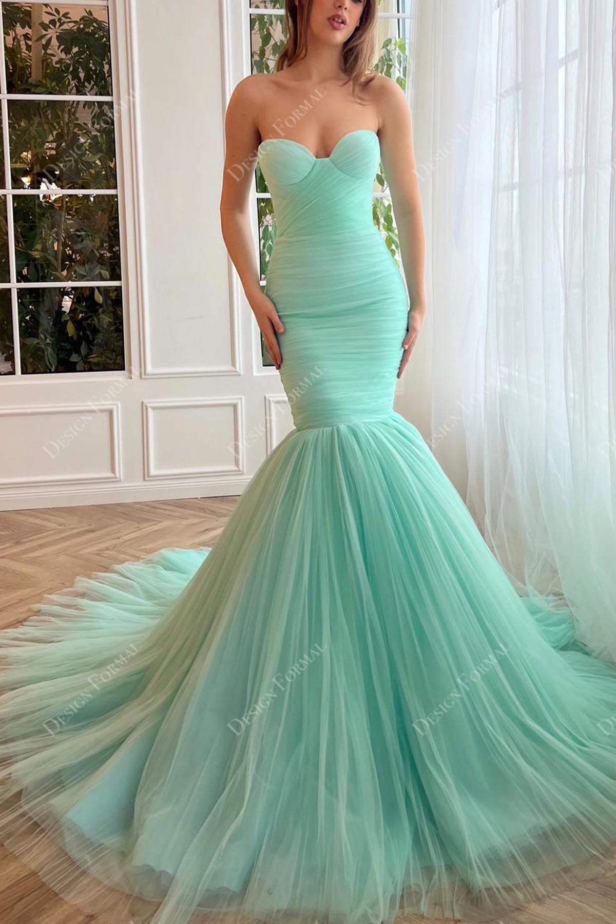 Turquoise Strapless Custom Made Trumpet Prom Gown