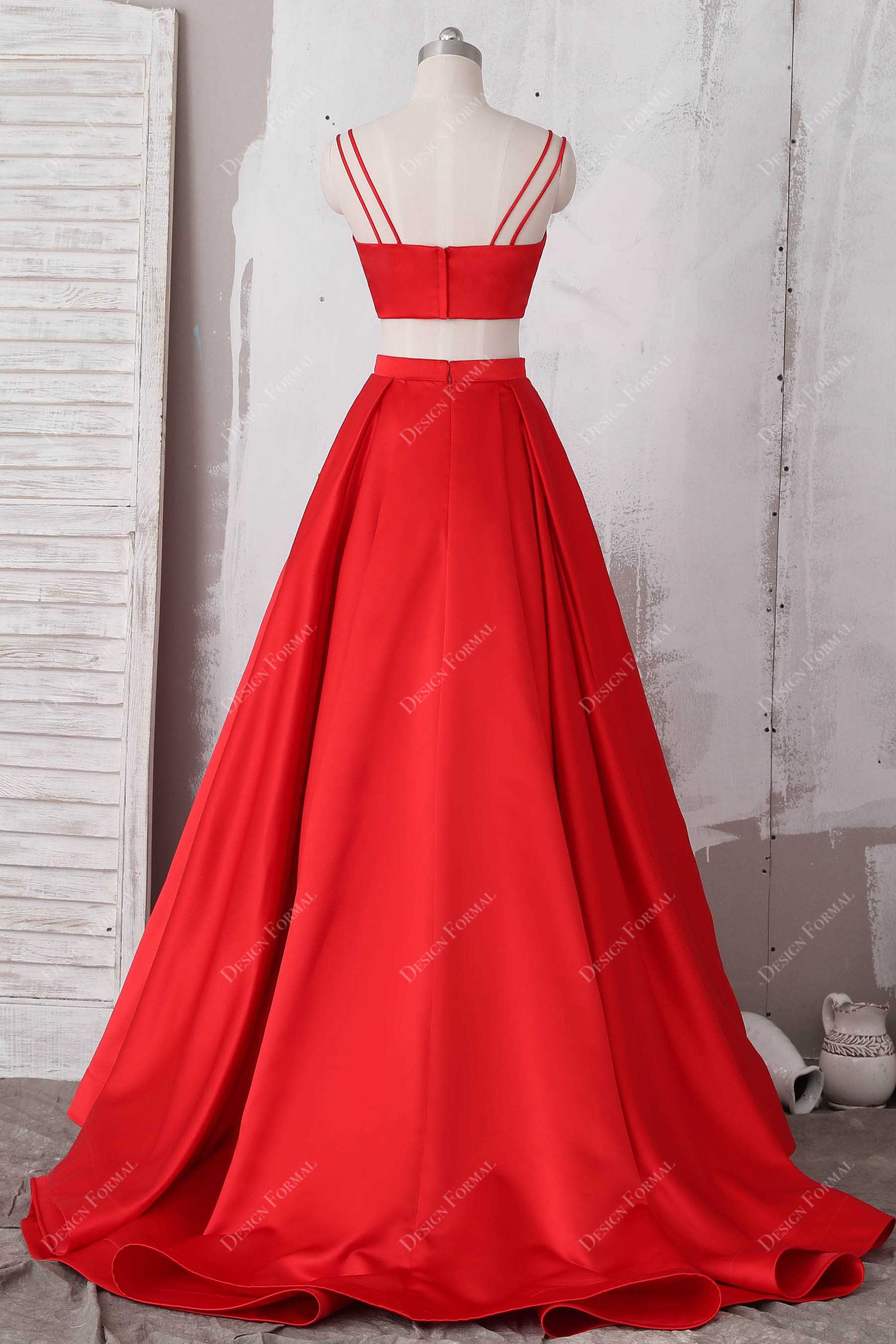 two-piece satin red prom dress
