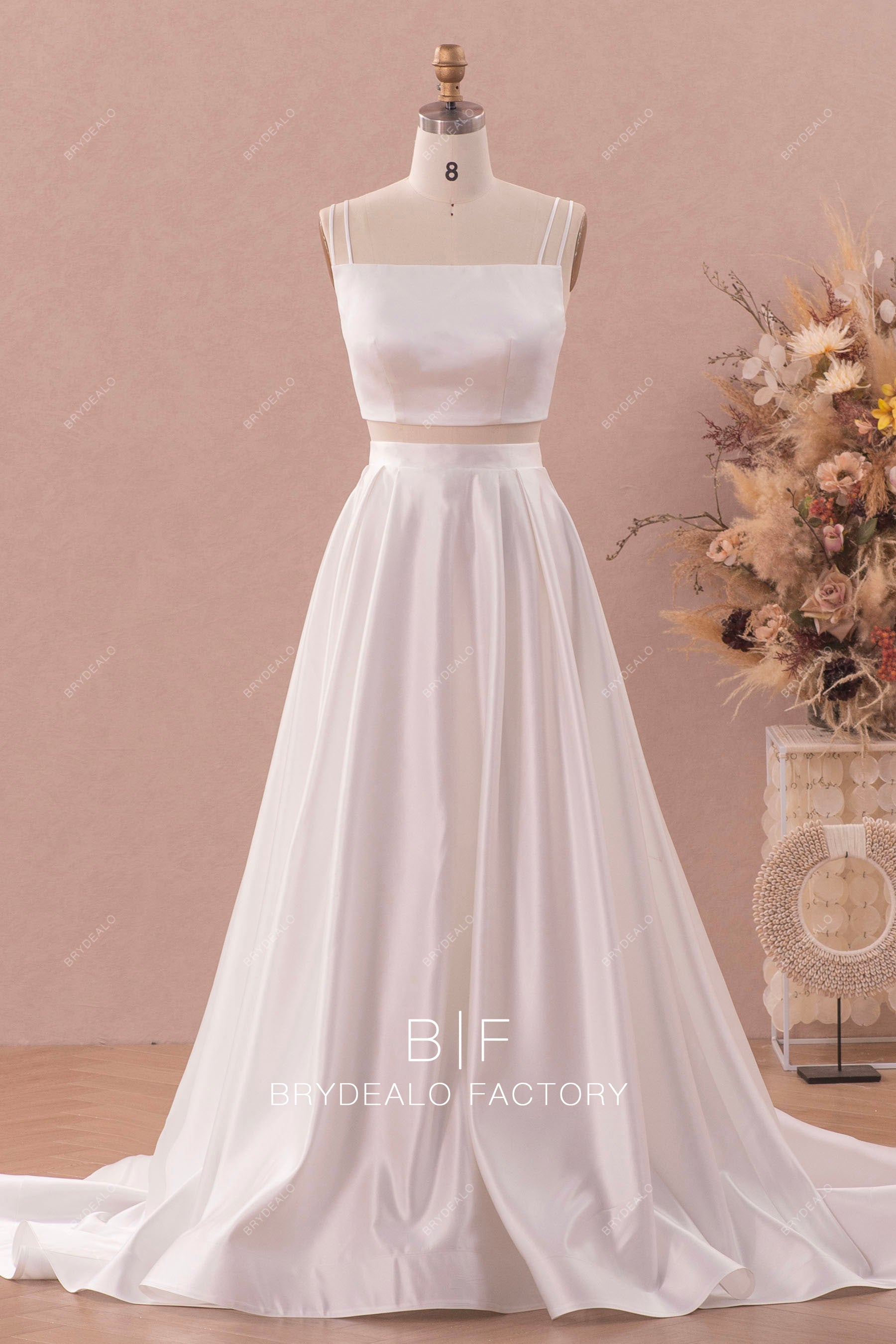 two-piece straps satin A-line simple wedding dress