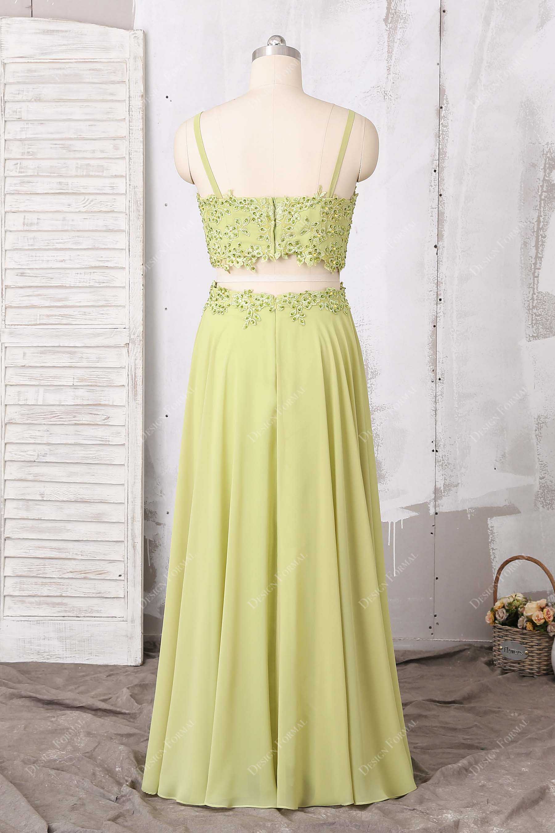 two-piece thin straps lime green prom dress 