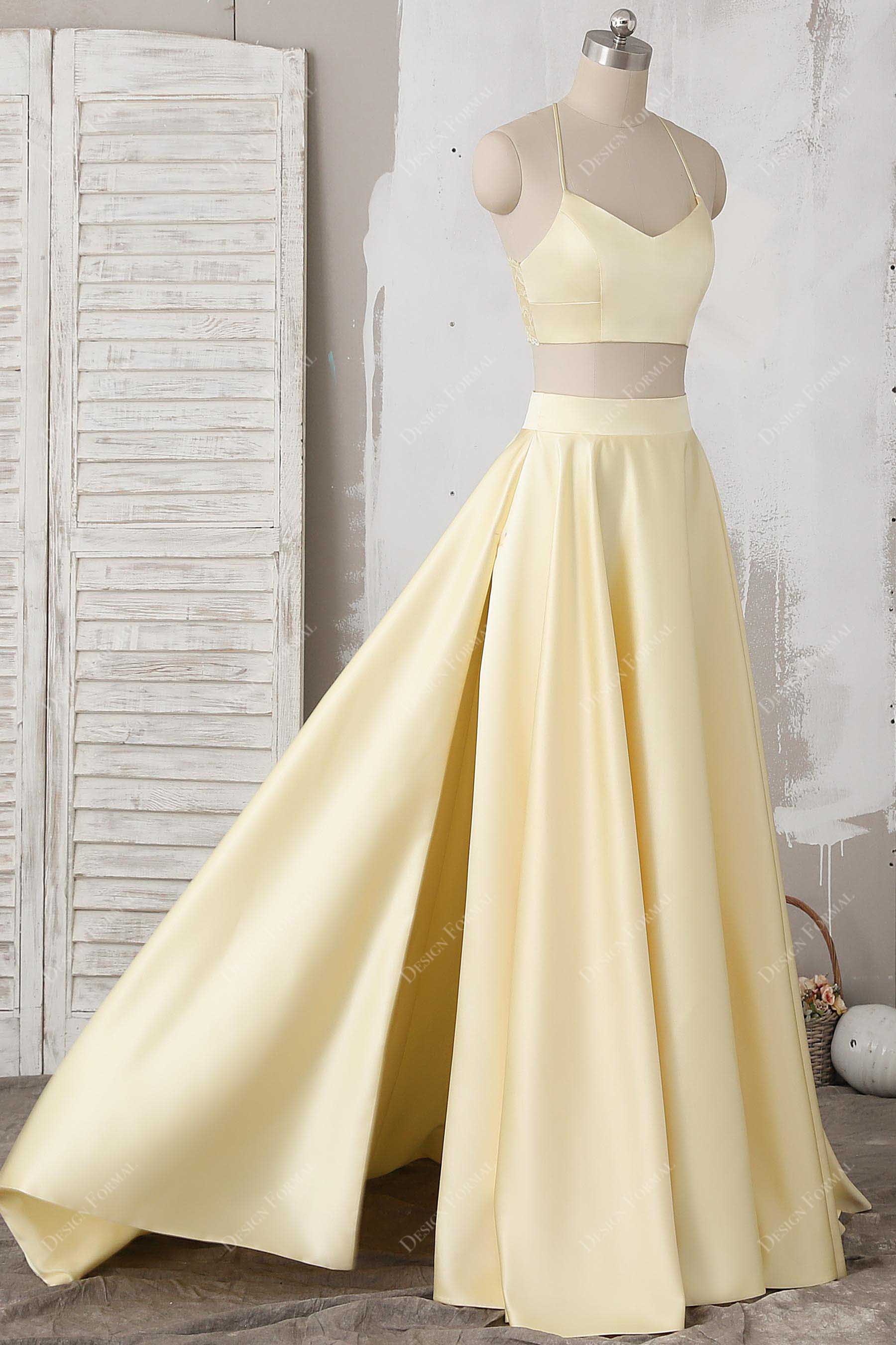 two-piece yellow thin strap prom dress