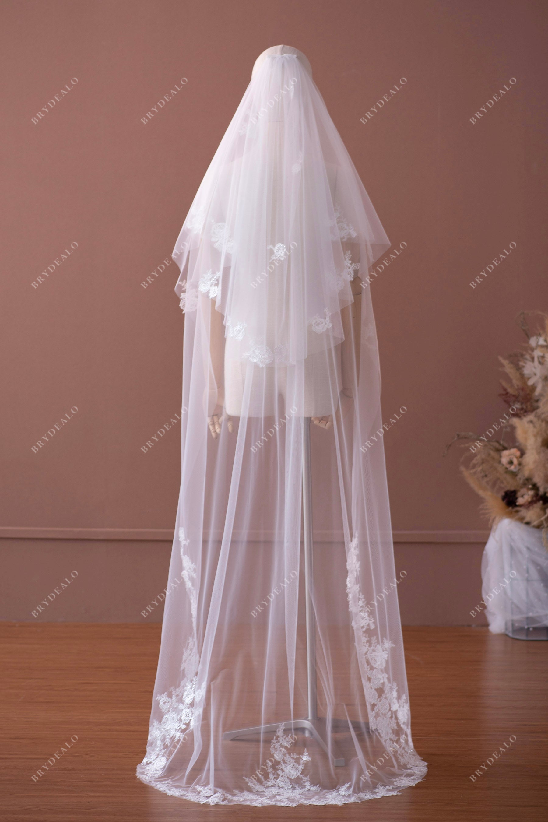 elegant two tier flower lace sweep wedding veil