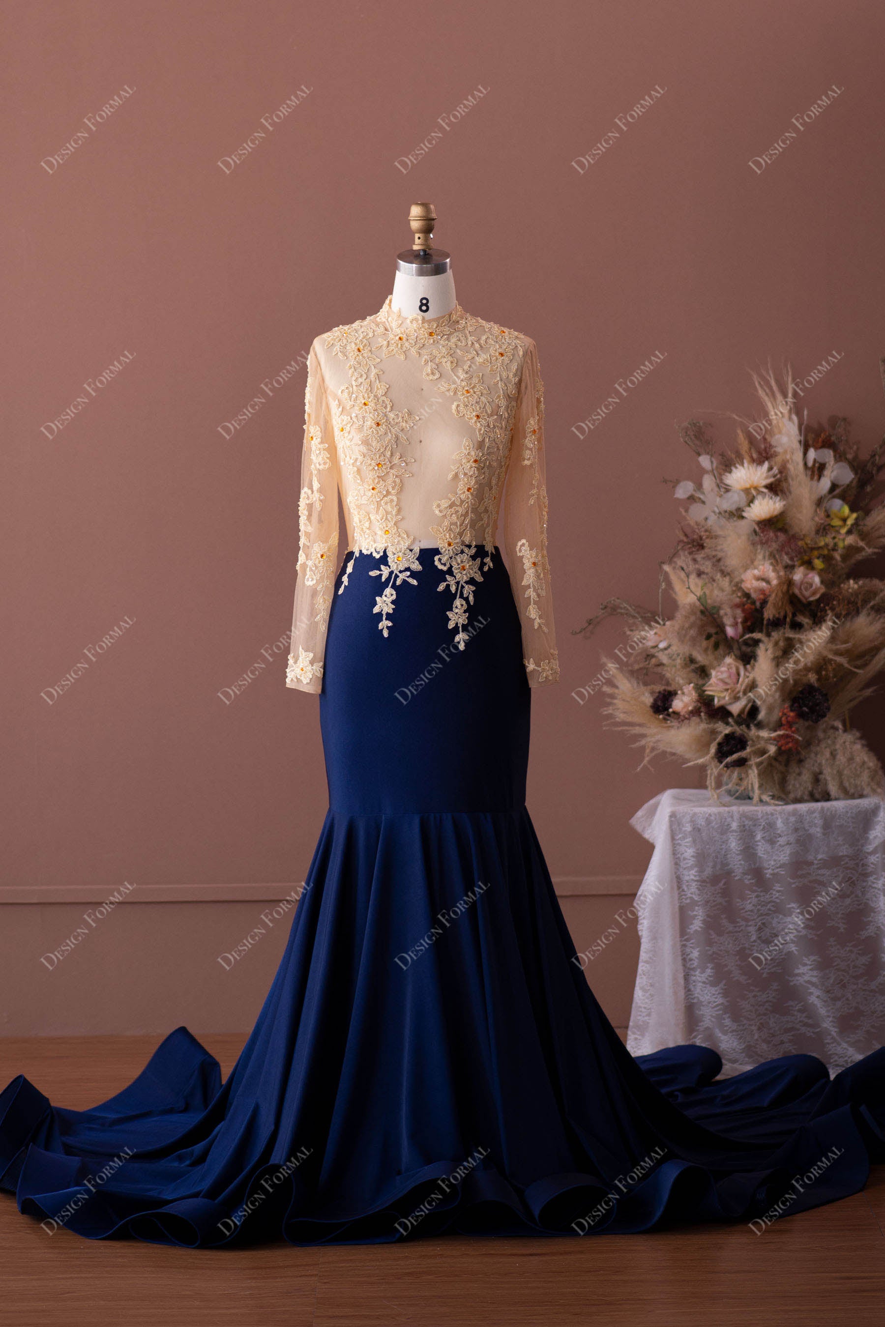 Two-Tone Beaded Lace Jersey Mermaid Prom Dress
