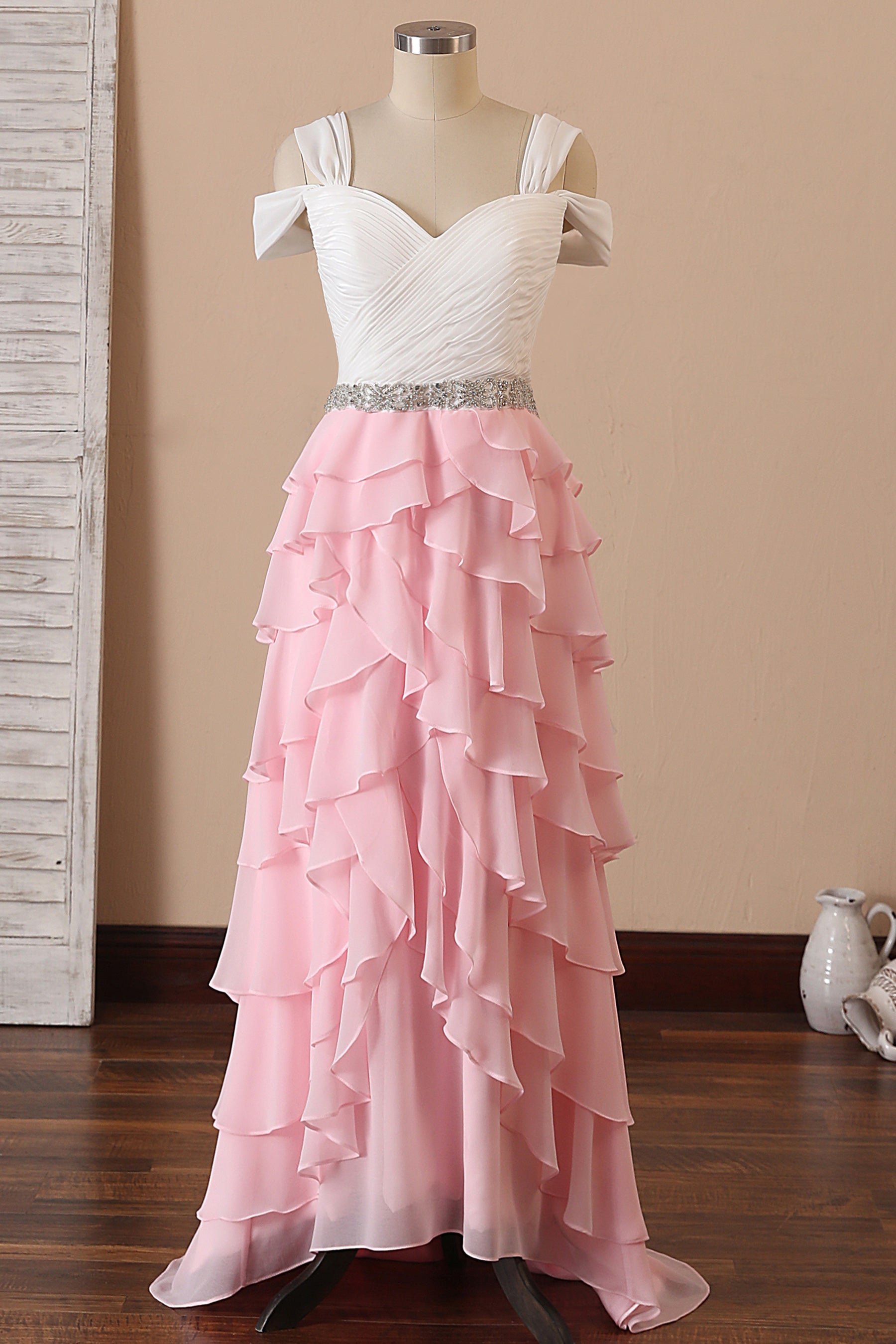 Ivory Pleated Chiffon Pink Ruffled Two-tone Prom Dress