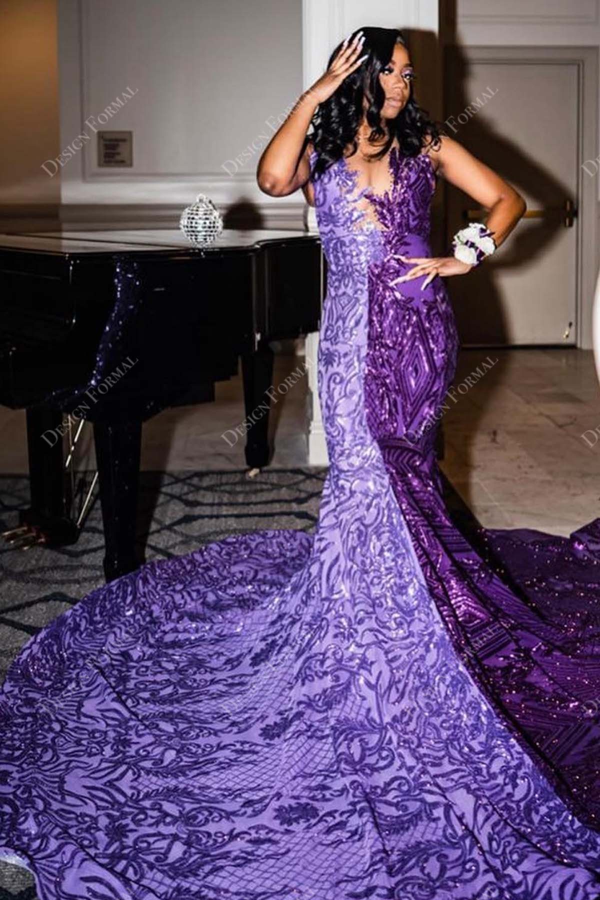two-tone purple sequin mermaid long train prom dress