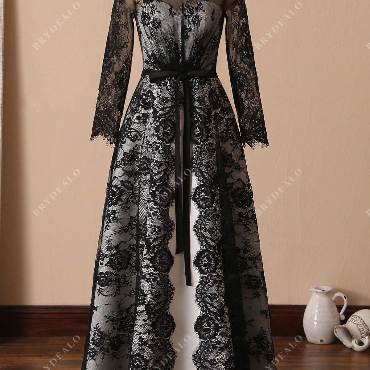 Unique Black Lace Overlaid Gothic A-line Unconventional Bridal Dress